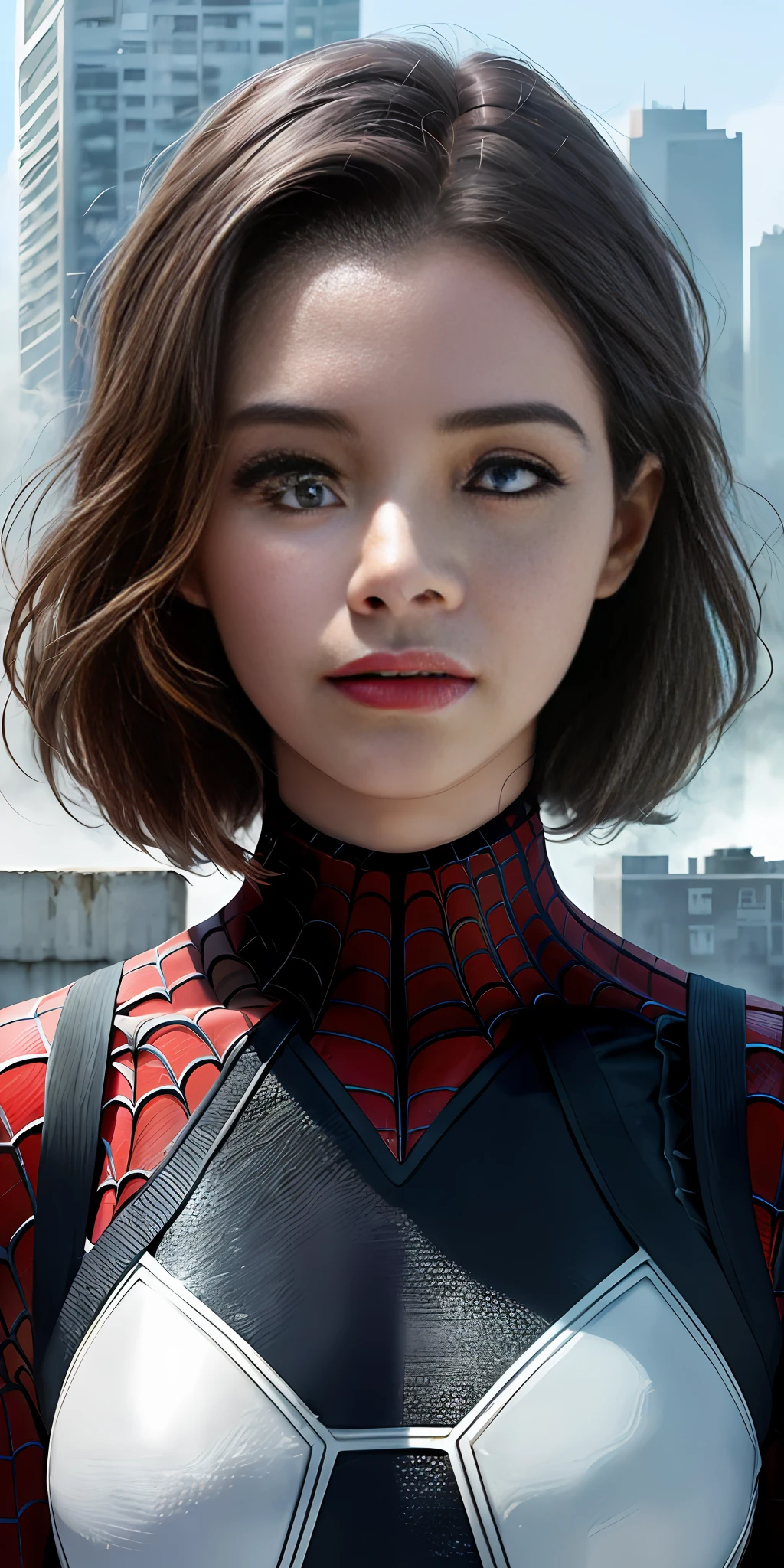 (1girl:1.3), Solo, (((Very detailed face)))), ((Very detailed eyes and face)))), Beautiful detail eyes, Body parts__, Official art, Unified 8k wallpaper, Super detailed, beautiful and beautiful, beautiful, masterpiece, best quality, original, masterpiece, super fine photo, best quality, super high resolution, realistic realism, sunlight, full body portrait, amazing beauty, dynamic pose, delicate face, vibrant eyes, (from the front), She wears Spider-Man suit, red and black color scheme, spider, very detailed city roof background, rooftop, overlooking the city, detailed face, detailed complex busy background, messy, gorgeous, milky white, highly detailed skin, realistic skin details, visible pores, clear focus, volumetric fog, 8k uhd, DSLR, high quality, film grain, fair skin, photo realism, lomography, futuristic dystopian megalopolis, translucent