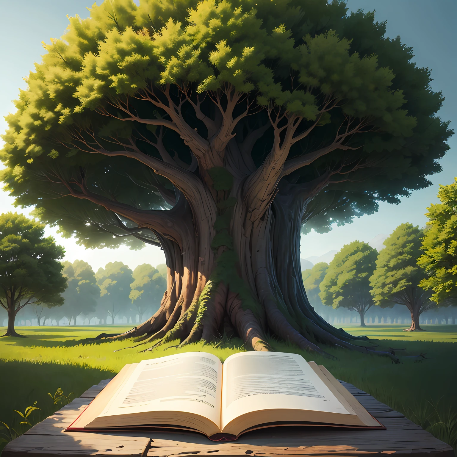a large tree from afar where you can see its leaves and an open book underneath it that refers to wisdom