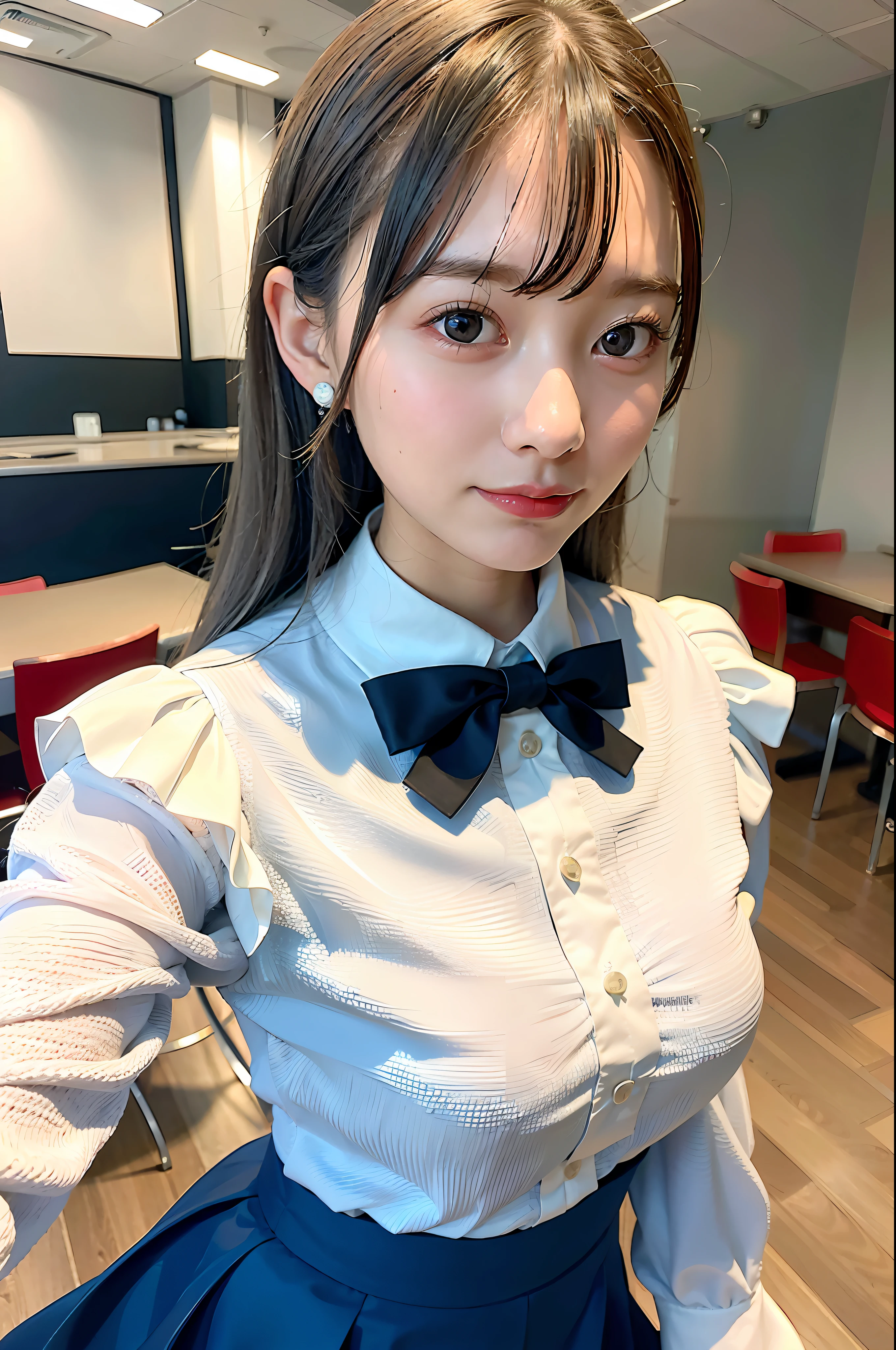 Top Quality, Ultra High Definition, (Photorealistic: 1.4), 1 girl, white blouse, blue skirt, bow tie, (faded ash-gray hair: 1), (Normal breasts: 1), Watch viewer, Cafe
