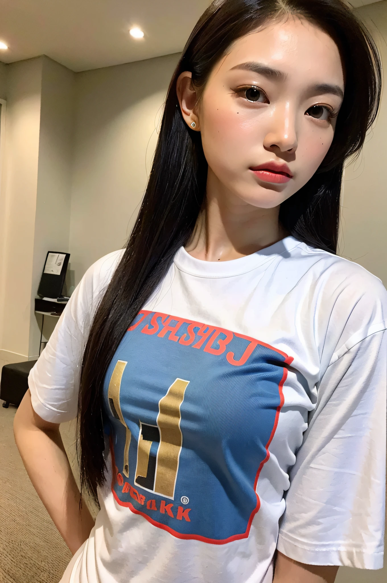 ((top quality, 8k, masterpiece: 1.3)), 1 girl, side shot: 1.2, beautiful Burmese woman with slender abs: 1.3, (casual hairstyle, big: 1.2), wearing a printed t-shirt, indoors, ultra detailed face, detailed eyes, double eyelids, full body