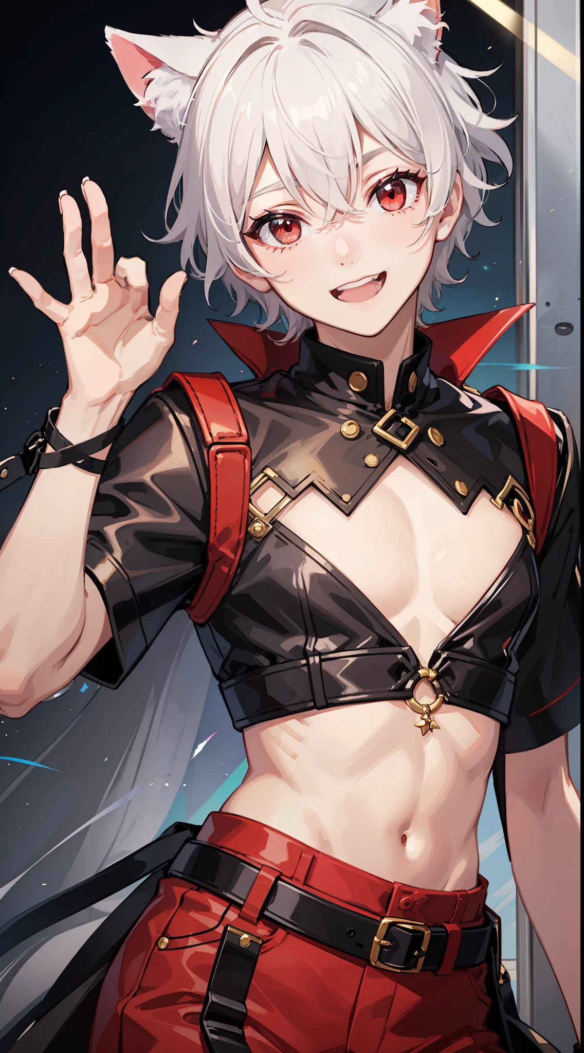 Young guy, short white hair, red eyes, cat ears, dressed like a pop idol, smile, masterpiece, high quality