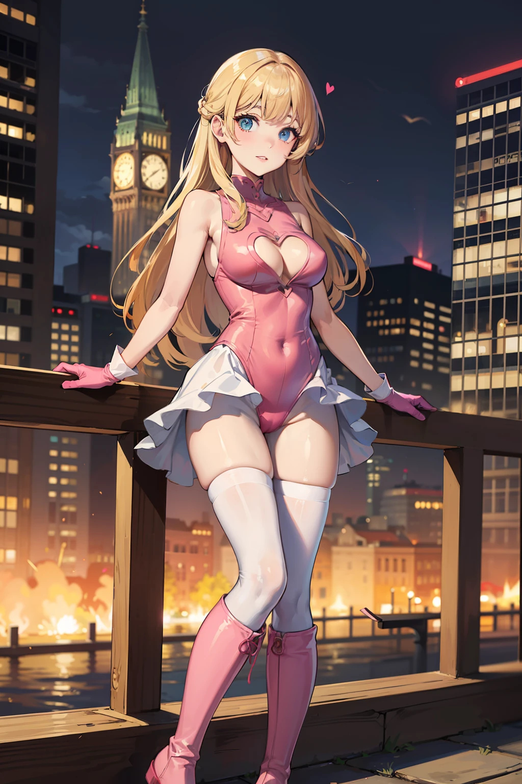 ((masterpiece)), ((best quality)), ((highres)), 1girl, solo, superhero, bare legs, ((matching knee boots, matching gloves)), sleeveless, looking at viewer, city backdrop, perfect hands, perfect eyes, perfect legs, perfect arms, perfect fingers, medium breasts, ((pink leotard)), standing, blonde hair, long hair, blue eyes, cute face, hair down, bangs, (cleavage cutout, heart cutout), (white thigh high pantyhose)