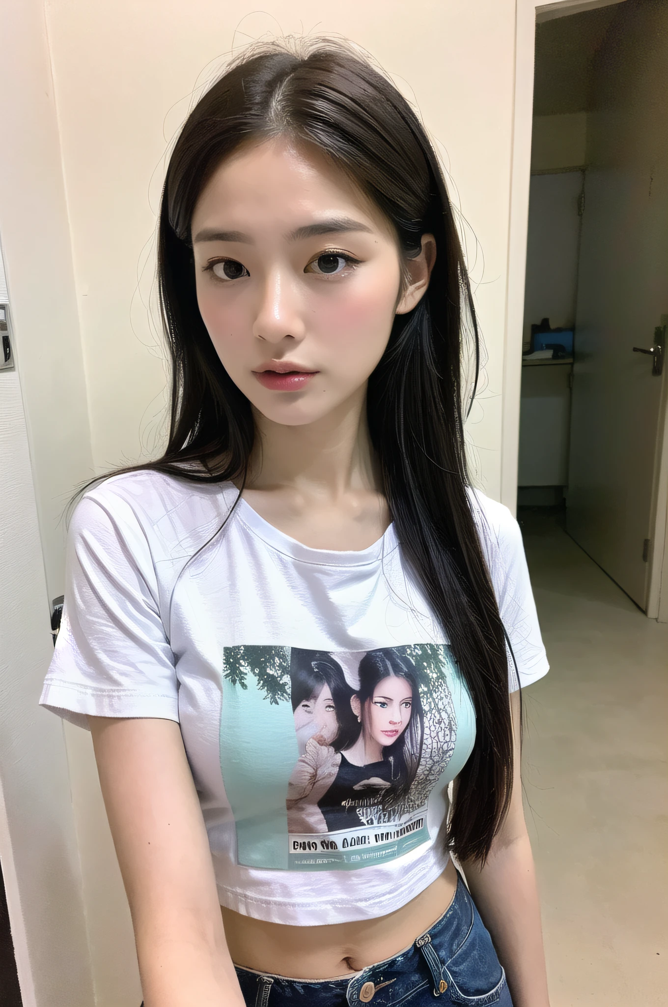 ((top quality, 8k, masterpiece: 1.3)), 1 girl, side shot: 1.2, beautiful Burmese woman with slender abs: 1.3, (casual hairstyle, big: 1.2), wearing a printed t-shirt, indoors, ultra detailed face, detailed eyes, double eyelids, full body