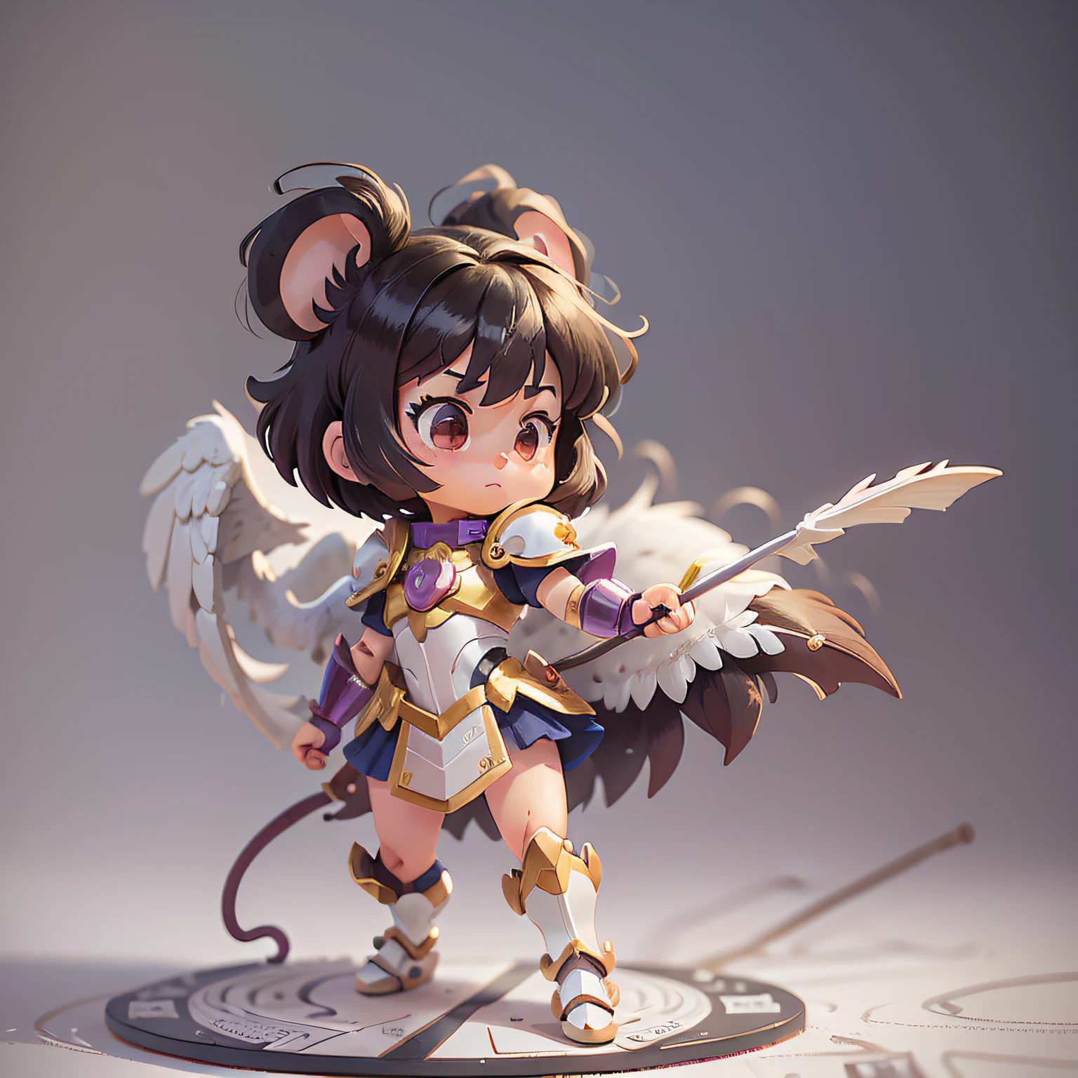 chibi, mouse, cute, saint seiya anime, seiya pegasus knight, action pose, girl, black short hair, white armor, bigbadejo, full body, masterpiece, 3D Rendering, Best Quality, Lots of Detail, (plain background), vinyl toy figurine