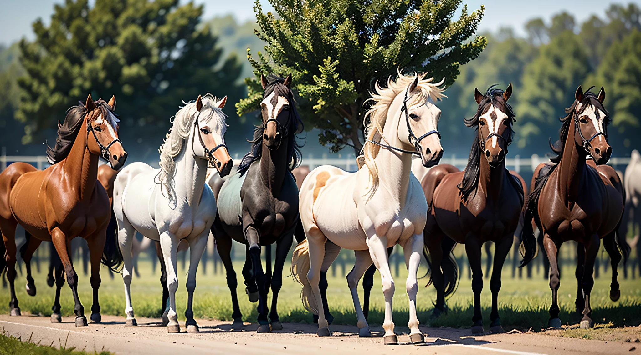 herd of wild horses, without accessories, farm, in an open field or an empty road