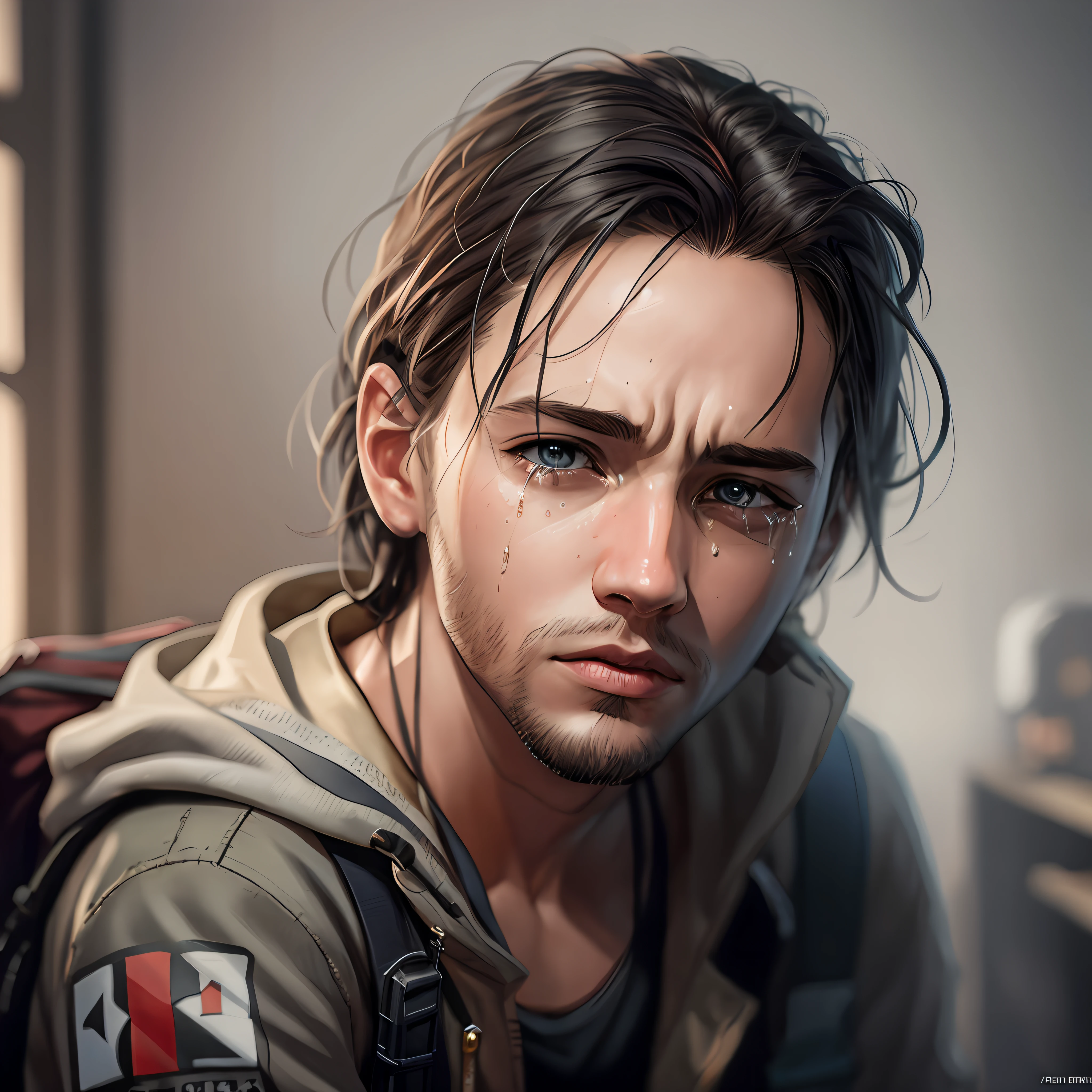there is a 10-year-old man with a backpack and a jacket on, crying, smooth skin, no beard, cinematic realistic portrait, ultrarealistic concept art, realistic art style, cinematic bust portrait, hyperrealistic concept art, highly realistic concept art, realistic character concept art, photorealistic art art of photorealistic character, detailed character portrait, photorealistic concept art, photorealistic dark concept art,  character art portrait, photorealistic concept art