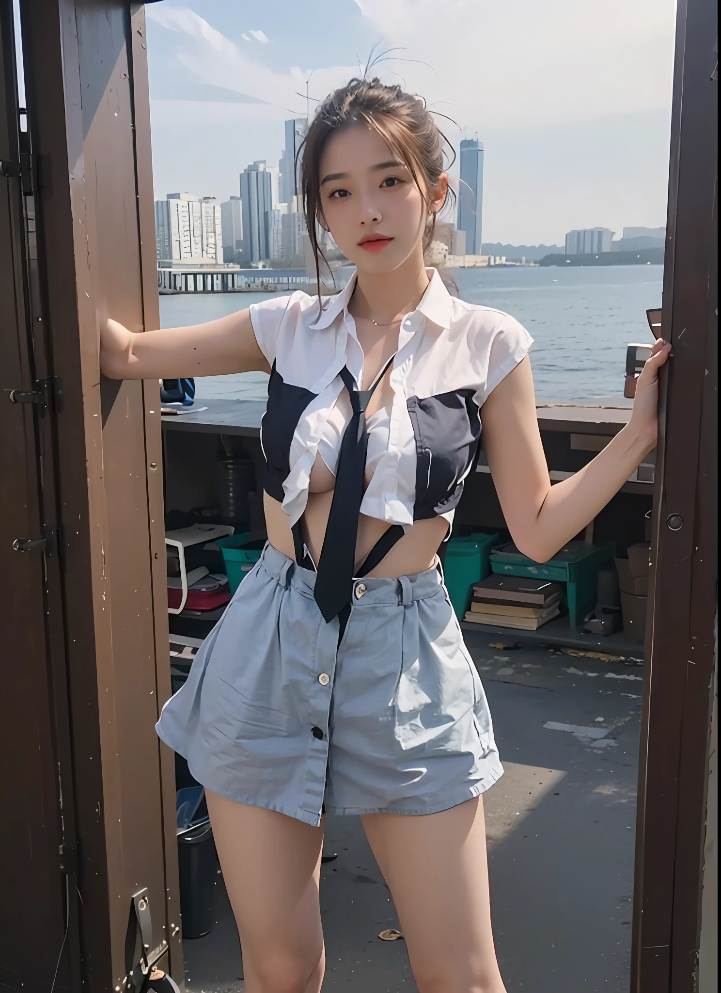 (Large breast:1.4),(open clothes:1.4),(white shirt:1.4), Best quality,masterpiece,ultra high res,(photorealistic:1.4),1girl,(:1.4)
