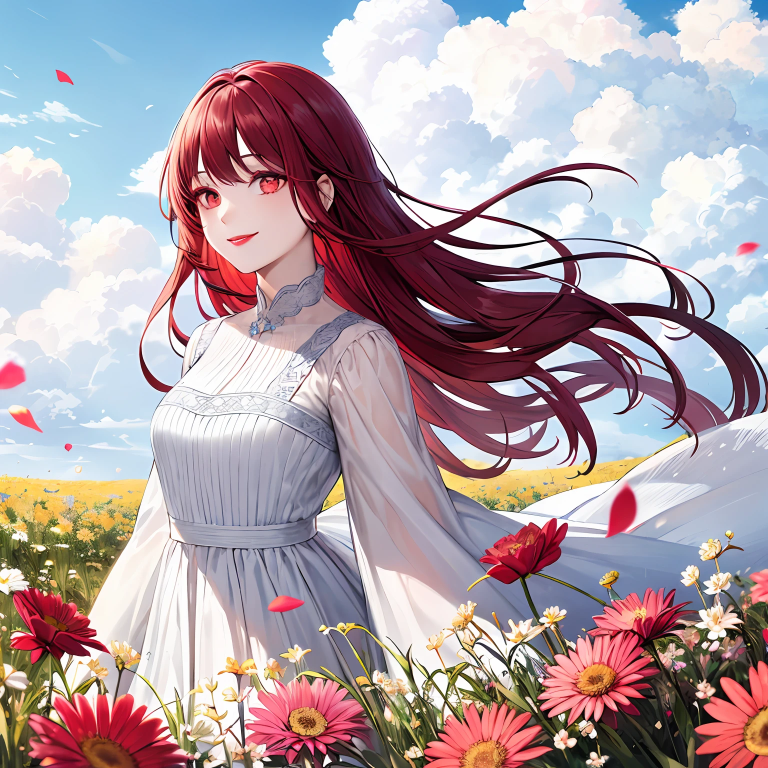 masterpiece, best quality, 1girl, solo, long hair, smile, cute eyes, makeup, red lips, red hair, red eyes. Flowery field background, blue sky with clouds