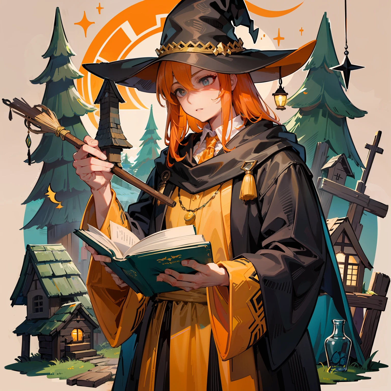 masterpiece, best quality, 1 male, adult, tall muscular, handsome, finely detailed eyes, intricate details,orange and yellow wizard, black hat with a pointed brim, broomstick with a carved handle, spellbook with a variety of spells, potion bottles with various ingredients, enchanted forest with a hidden wizard hut, orange and yellow colors
