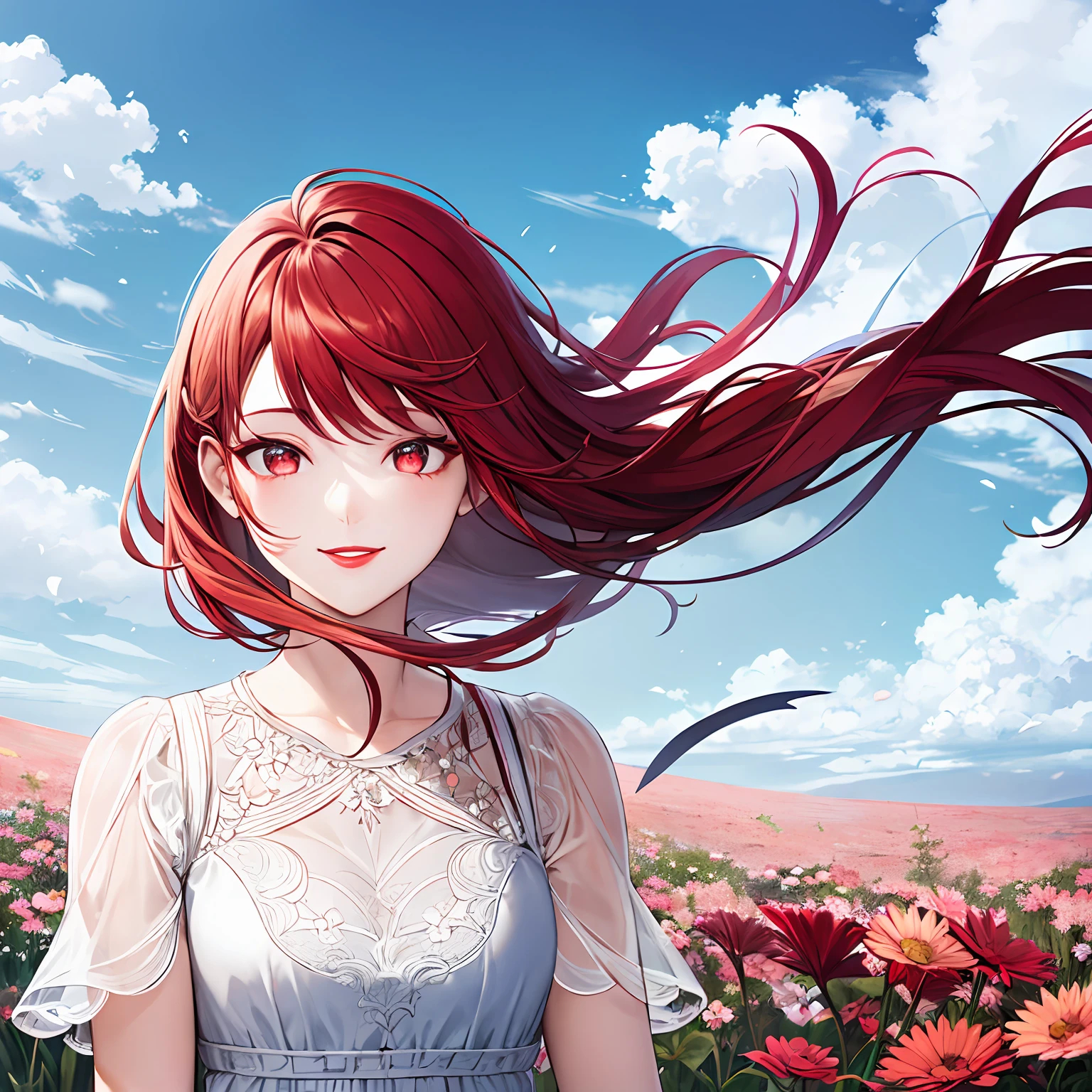 masterpiece, best quality, 1girl, solo, long hair, smile, cute eyes, makeup, red lips, red hair, red eyes. Flowery field background, blue sky with clouds