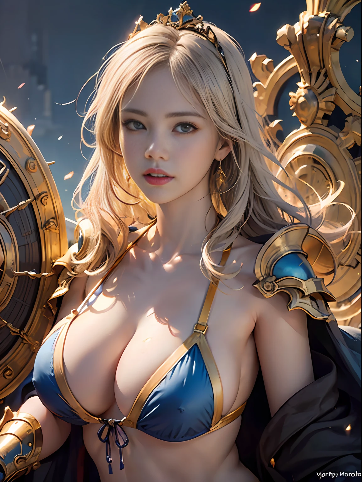 Official Art, Unity 8k wallpaper, ultra detail, masterpiece, best quality, one woman, (very detailed),(RAW photo, best quality),(realistic, photorealistic:1.3),high definition, opening your mouth lightly, ultra-detailed complex 3D rendering of face, (big breasts: 8.8), (highly detailed skin: 1.2), (exposure: 1.1), beautiful caucasian woman with big ass full soft breasts and white skinThe (topless), chest, white hair, yellow eyes, long hair, ( ( ( transparent silk blue micro bikini)), dynamic angle, mystical expression, fire glow effect, fantasy background, rim lighting, side light, cinematic light, ultra high definition, 8k , film grain,best shadow, light particles, detailed skin texture, detailed face, golden eyebrows, ultra detail, watch viewer, gold armor, cleavage, slender abs, holding a shining weapon, holding a beautiful shield, pole dron, (detailed and beautiful huge crown)), glowing eyes, long purple cloak, fantasy, (realistic),