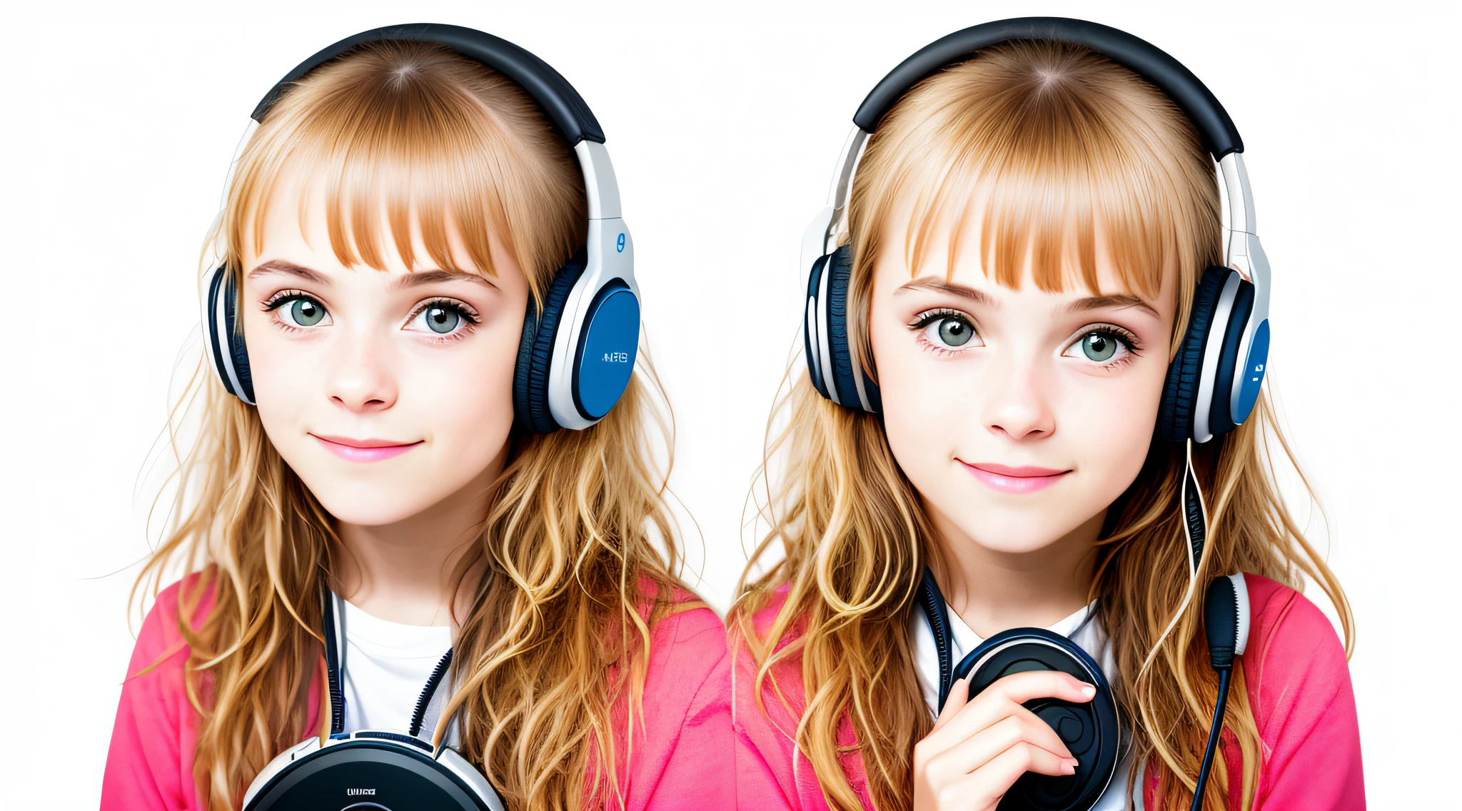  BLONDE CHILD , PORTRAIT, INFINITE WHITE BACKGROUND, WITH DISCMAN.