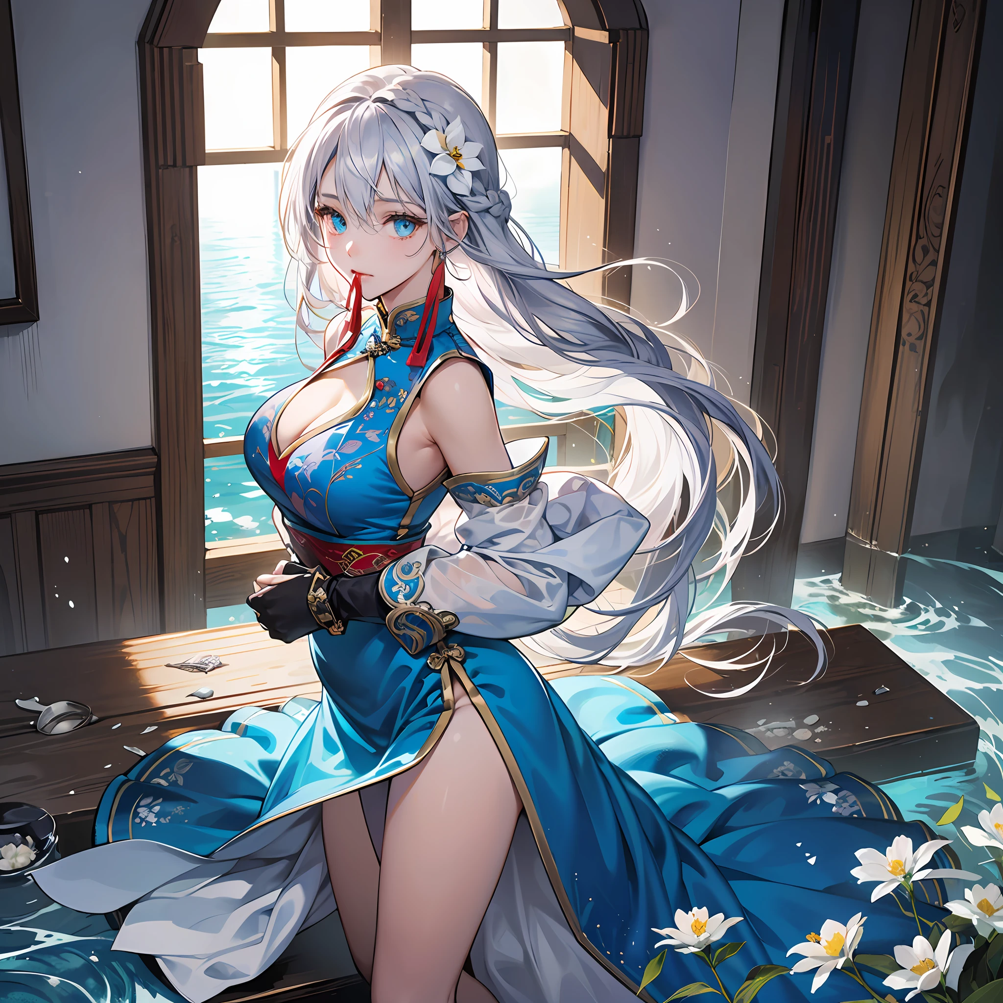 (Overhead Views),Dynamic Angle,Ultra Detail, Illustration, Close Up, Straight, One Girl, (Fantasy:1.4), (Azure Eyes:1.233),Her Eyes Glowed Like Dreamy Stars,(Glowing Eyes:1.233),(Beautiful and Delicate Eyes:1.1),(Silver Hair:1.14),(Unkempt Hair,Very Long Hair,Braids,Between Eyes,Side Locks), (+ (Bull Hair Flower: 1.14)),(Cheongsam, Blue Floral Pattern on Uniform)/=(Military Uniform: 1.24),(Sleeveless,Wide Sleeve),(Fingerless Gloves),Big,Cleavage Emphasis Choker,(Priestess Niso),High Heels,(Expressionless,Mouth Closed),(Sting),(White Ancient Palace with Dressing Table and French Window),(White Flower,Flower),(Deep Sea),(Flowing Water),(Dull Blue World Tree:1.14),(ruins),(night:1.2),dreamy,arms should not be visible behind your back