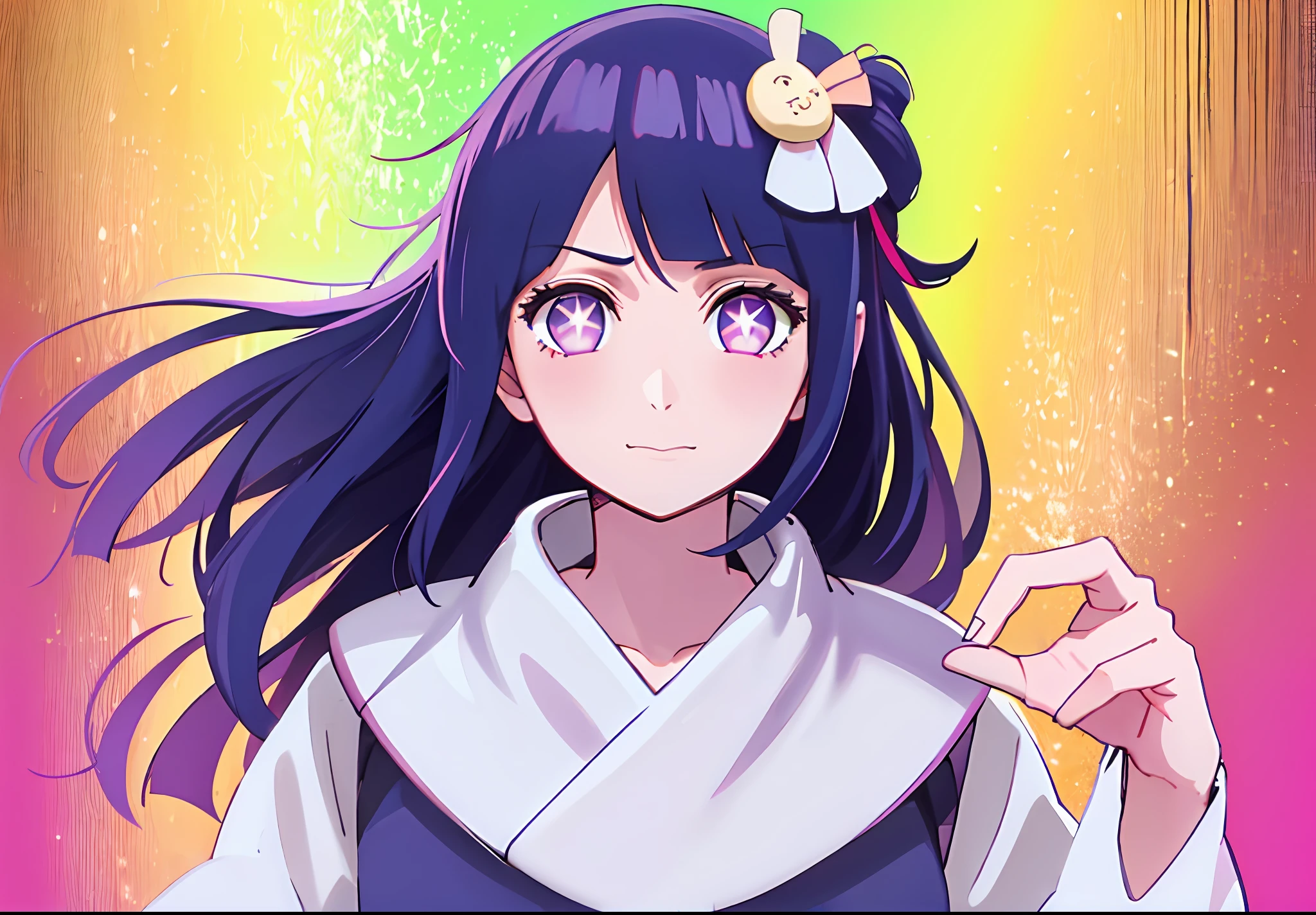 1girl, Hoshino Ai, long hair, dark blue hair ,purple eyes, hair ornament, blunt bangs, hinata hyuga as hoshino ai