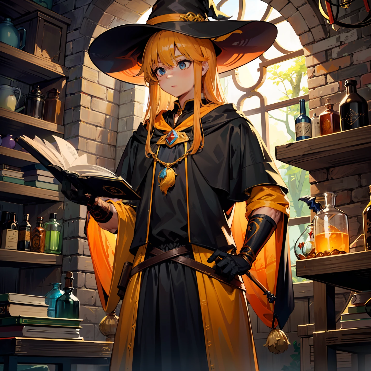 masterpiece, best quality, 1 male, adult, tall muscular, handsome, finely detailed eyes, intricate details,orange and yellow wizard, black hat with a pointed brim, broomstick with a carved handle, spellbook with a variety of spells, potion bottles with various ingredients, enchanted forest with a hidden wizard hut, orange and yellow colors