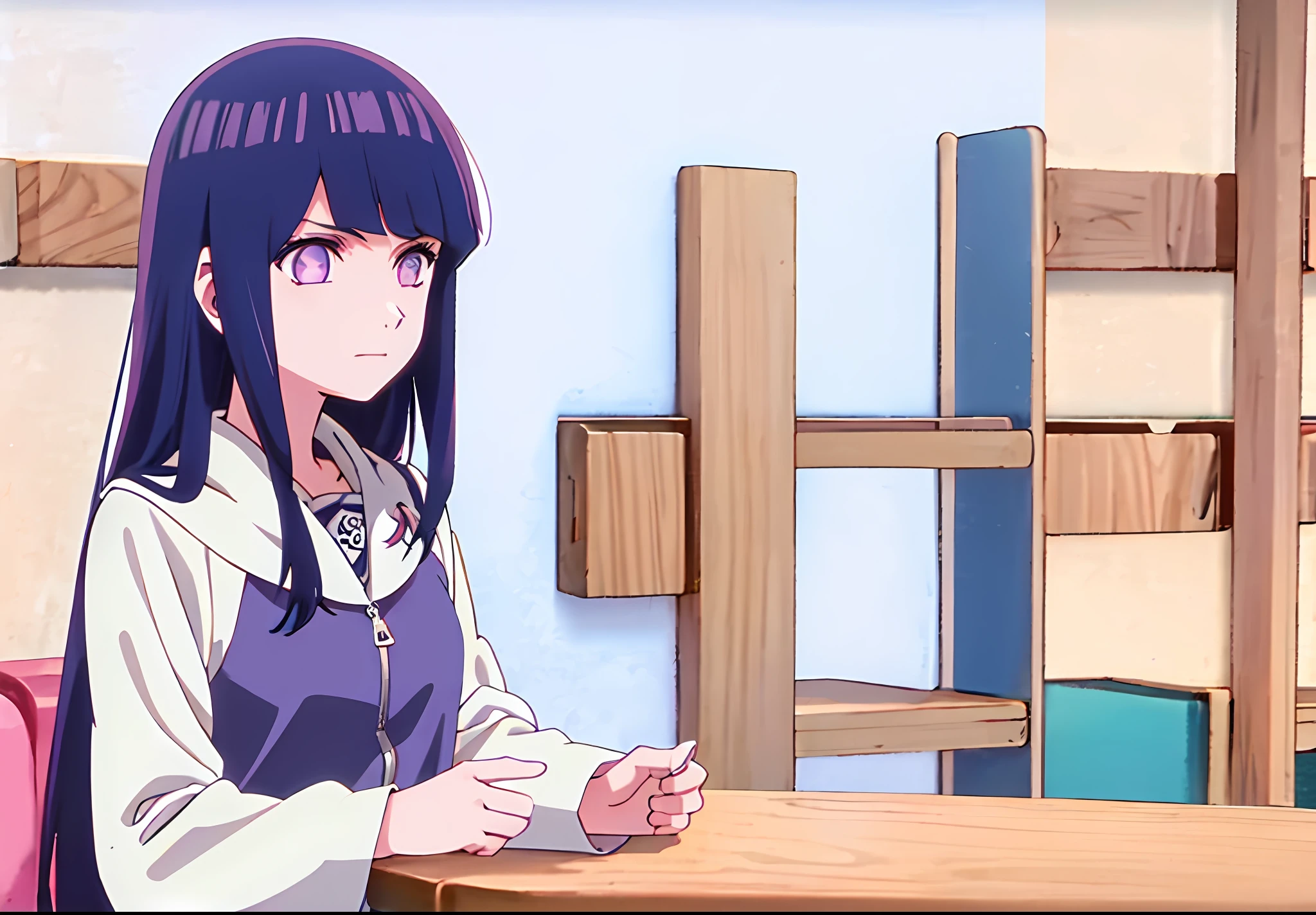 1girl, Hoshino Ai, long hair, dark blue hair ,purple eyes, hair ornament, blunt bangs, hinata hyuga as hoshino ai