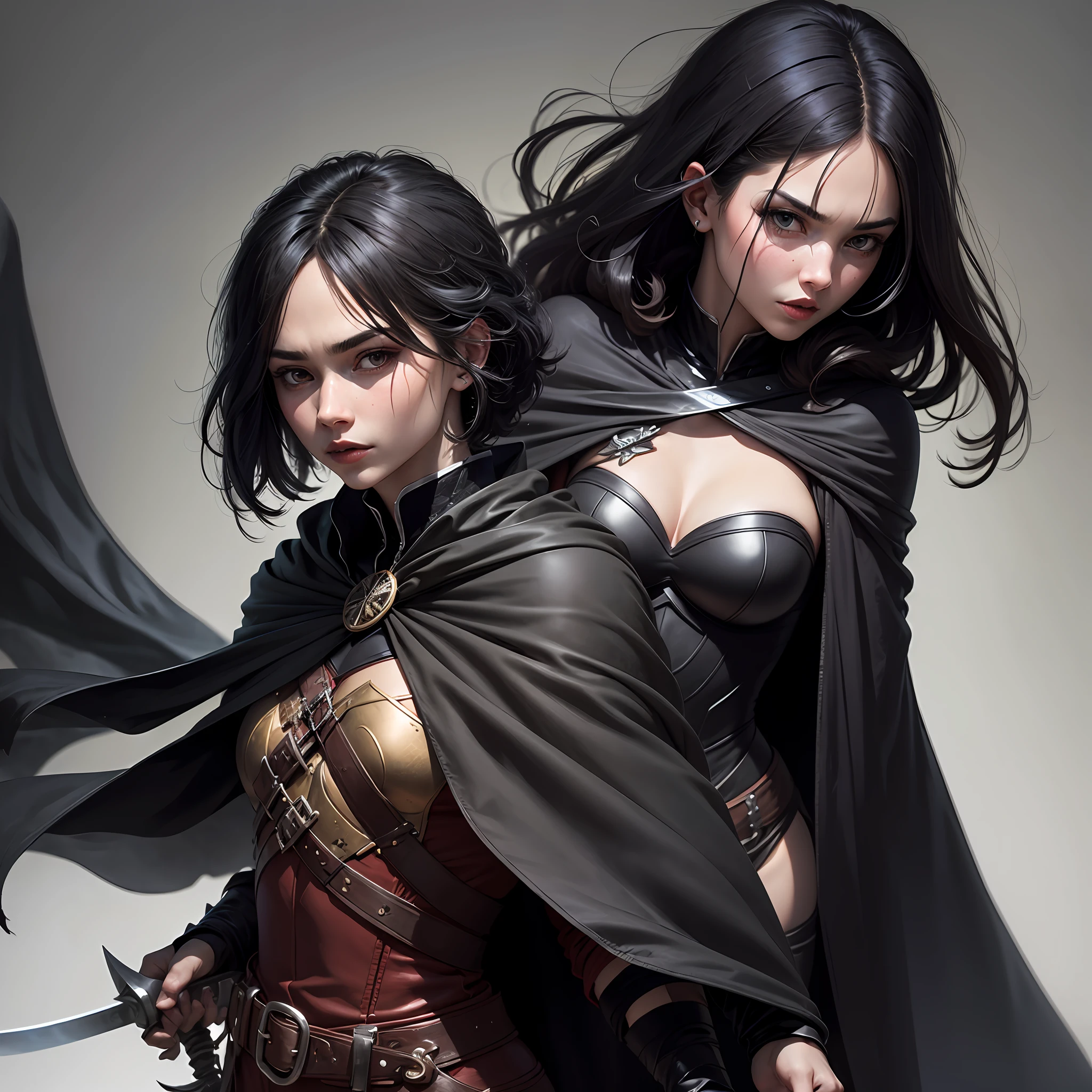 Hideous face, black broken hair, black cape, holding two swords --auto