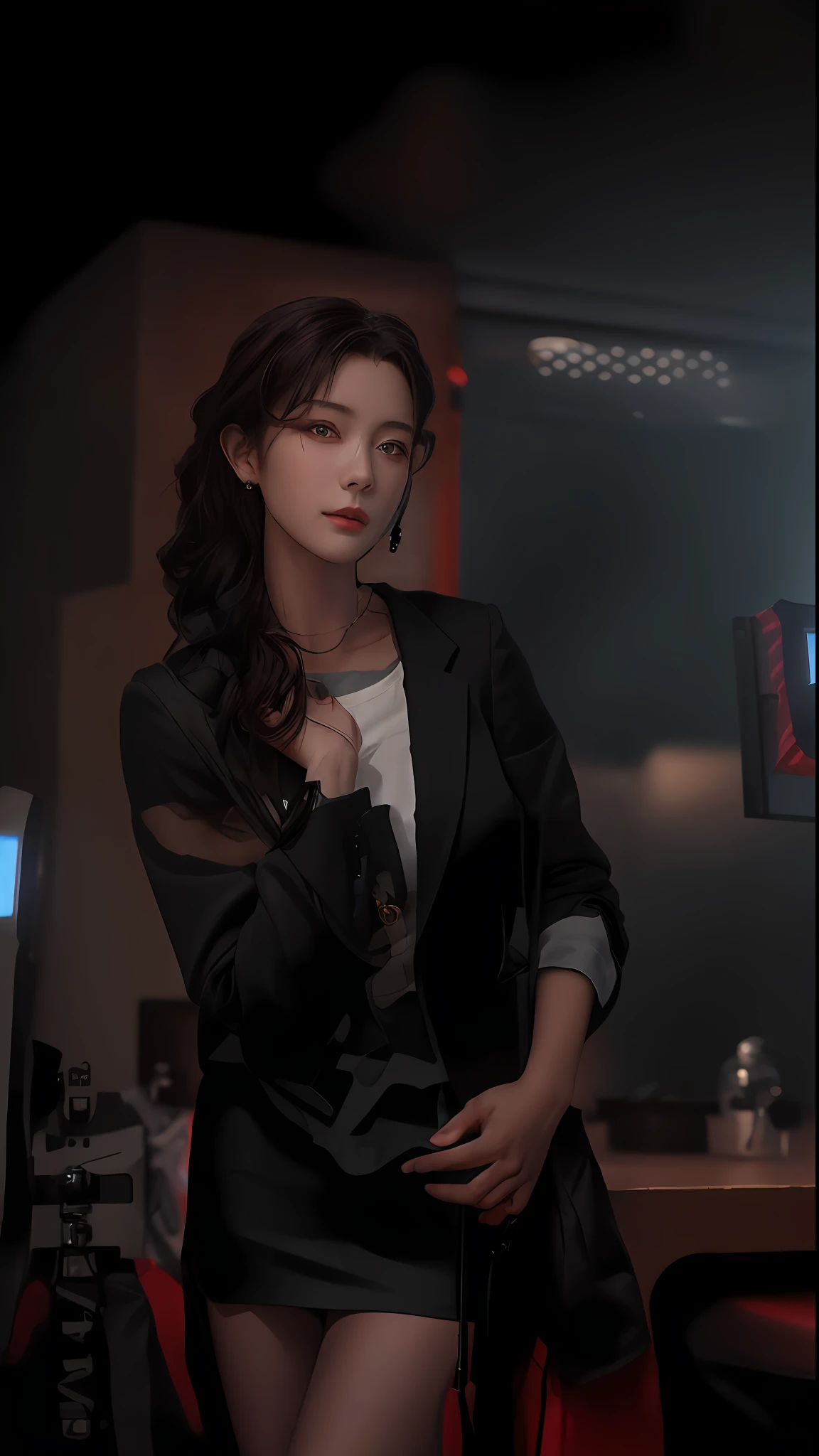 best quality, masterpiece, 1girl, Beautiful face, (photo realistic:1.3), rim lighting, (high detailed skin:1.2), 8k uhd, dslr, high quality, high resolution, 4k, 8k, Bokeh, absurdres, best ratio four finger and one thumb, (realistic:1.3), cute 1girl, wearing black formal blazer, medium breasts, short skirt,
