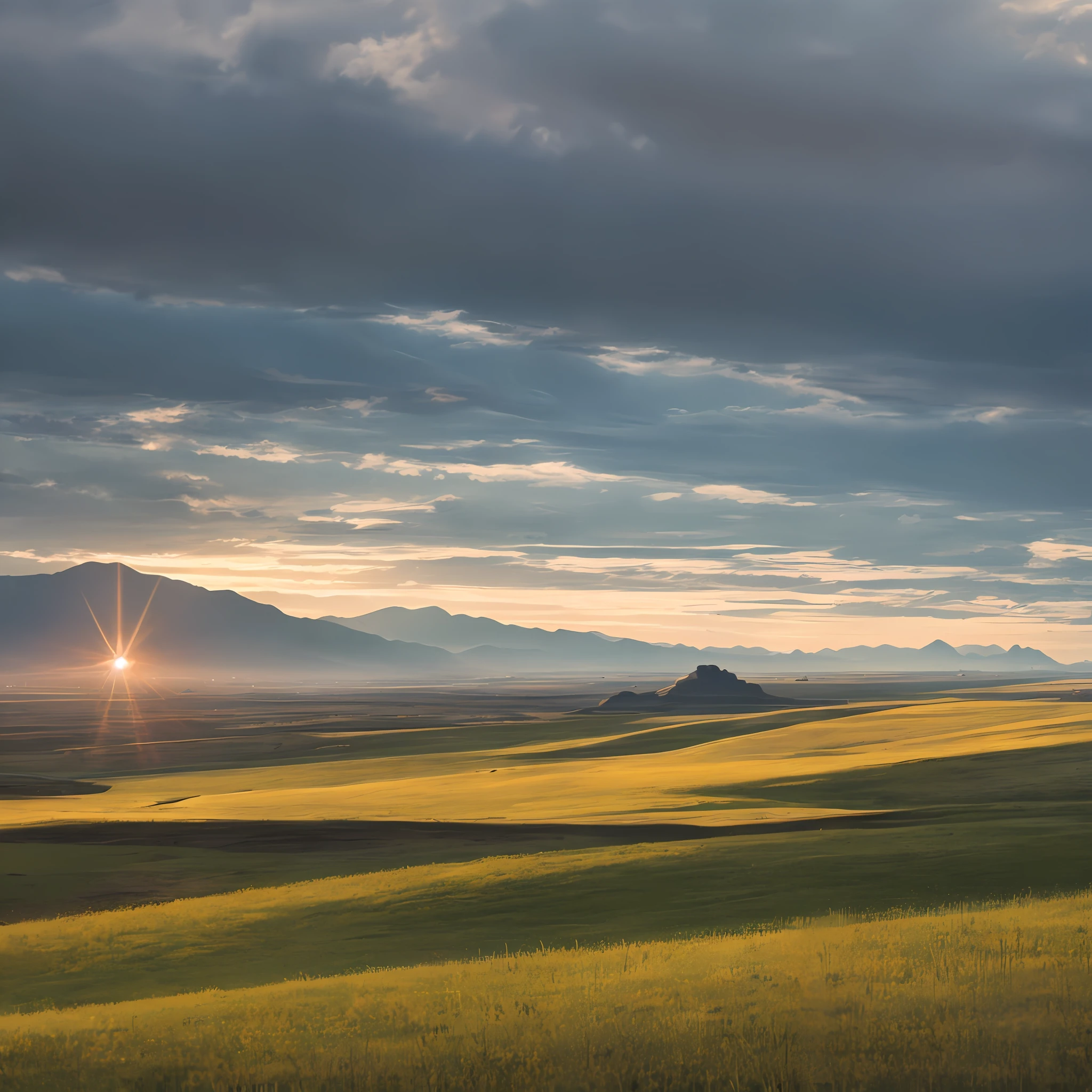 Hohhot grassland, grand scene, deep scene, plain, flat terrain, vast, low mountains in the distance, Verism, Hyperrealism, cinematic lighting, UHD, retina, masterpiece, ccurate, textured skin, super detail, best quality,  8k, 16k --aut --auto