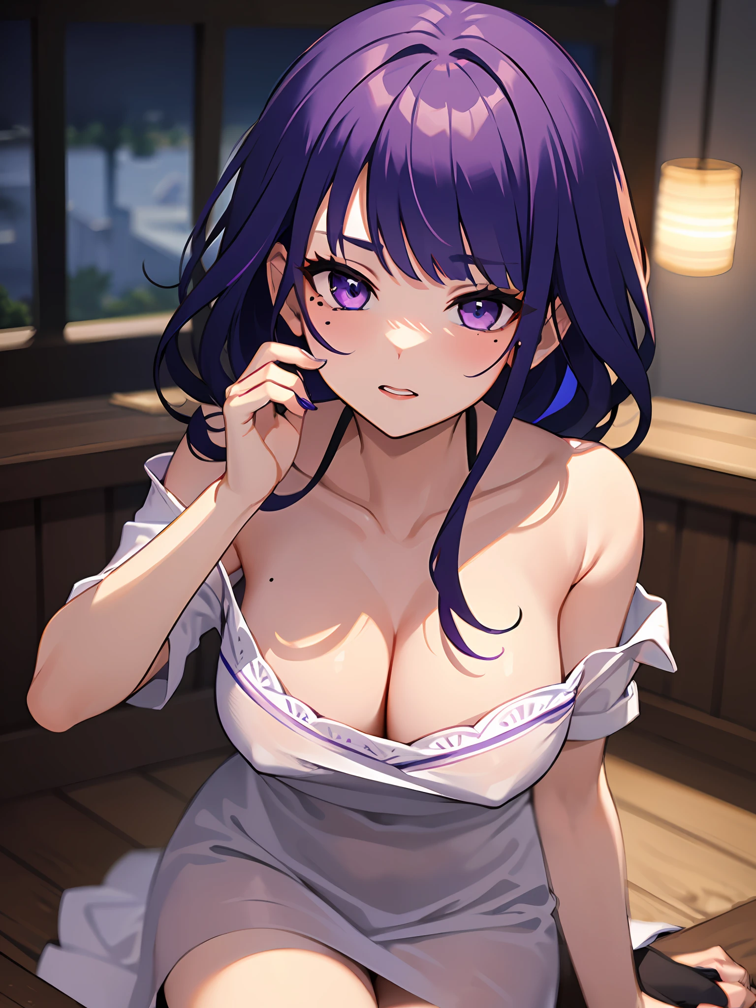 ((masterpiece, best quality)), (Masterpiece, Best Quality), Female, Raiden Ei, Purple Hair, Purple Eyes, Kind, Considerate, Shy, Funny, Love myself, Faithful, 1 Mole under the right eye, Wearing a purplish white dress