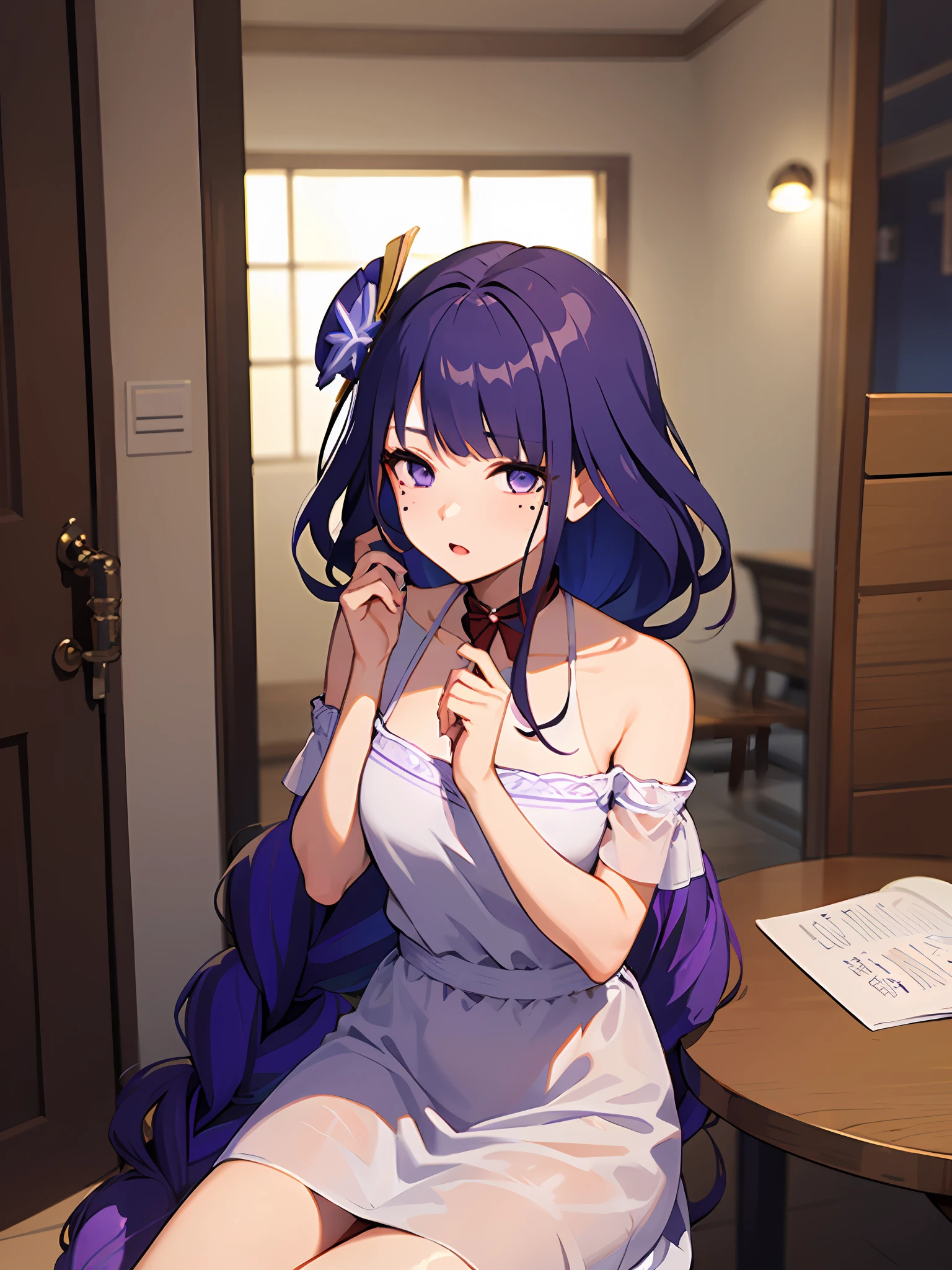 ((masterpiece, best quality)), (Masterpiece, Best Quality), Female, Raiden Ei, Purple Hair, Purple Eyes, Kind, Considerate, Shy, Funny, Love myself, Faithful, 1 Mole under the right eye, Wearing a purplish white dress