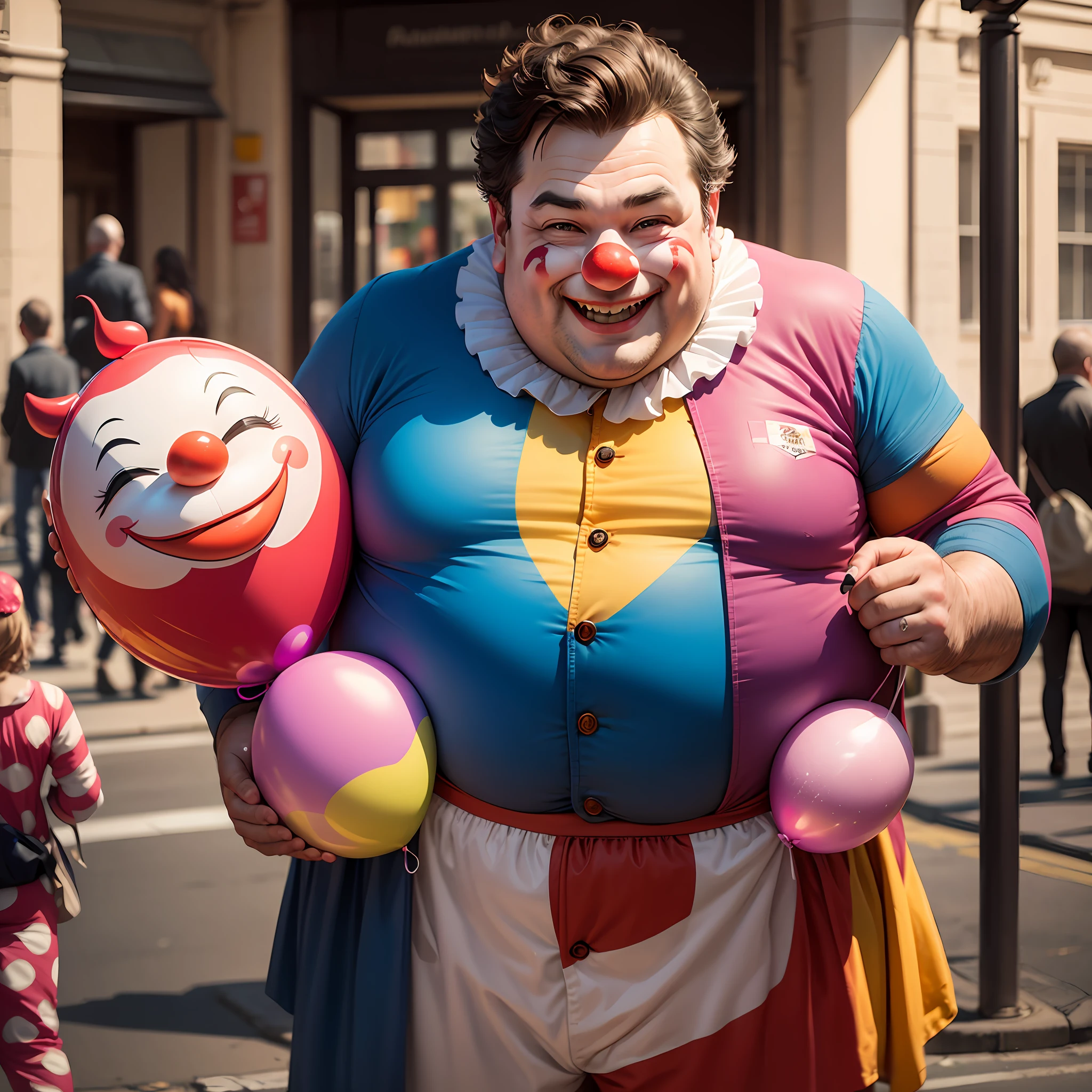 Fat man smiling macabre, clown, holding a balloon, clown face, clown painted face, on the street, murderer --auto