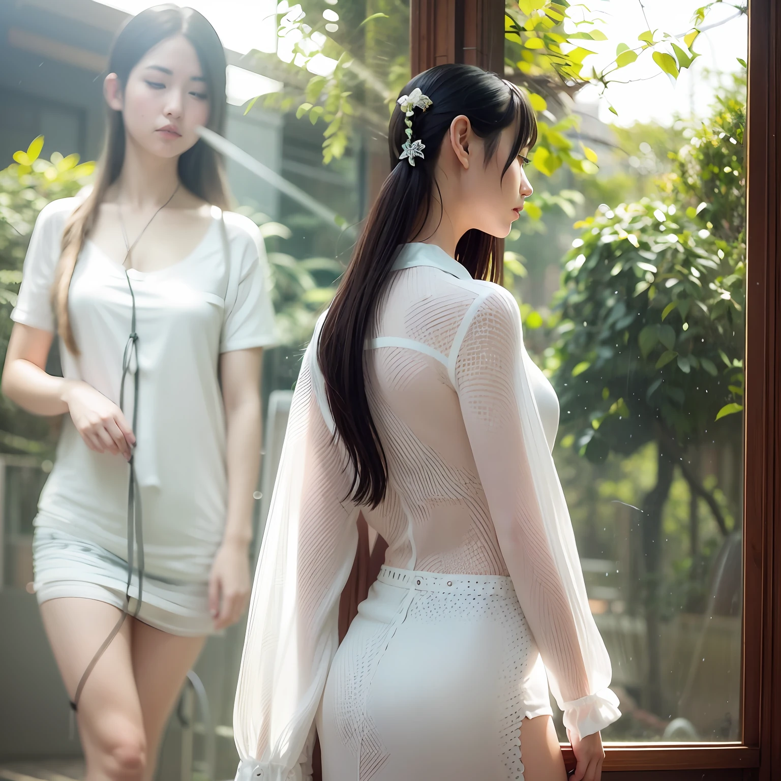 Beautiful Japan young woman in white thin shirt, summer clothes, Lofi, intelligent and intelligent, beautiful, top quality, realistic, photorealistic, best quality, masterpiece, very delicate and beautiful, very detailed, fine detail, ultra detailed, high resolution, very detailed, realistic, ultra high definition, best quality, ultra high definition, high quality texture