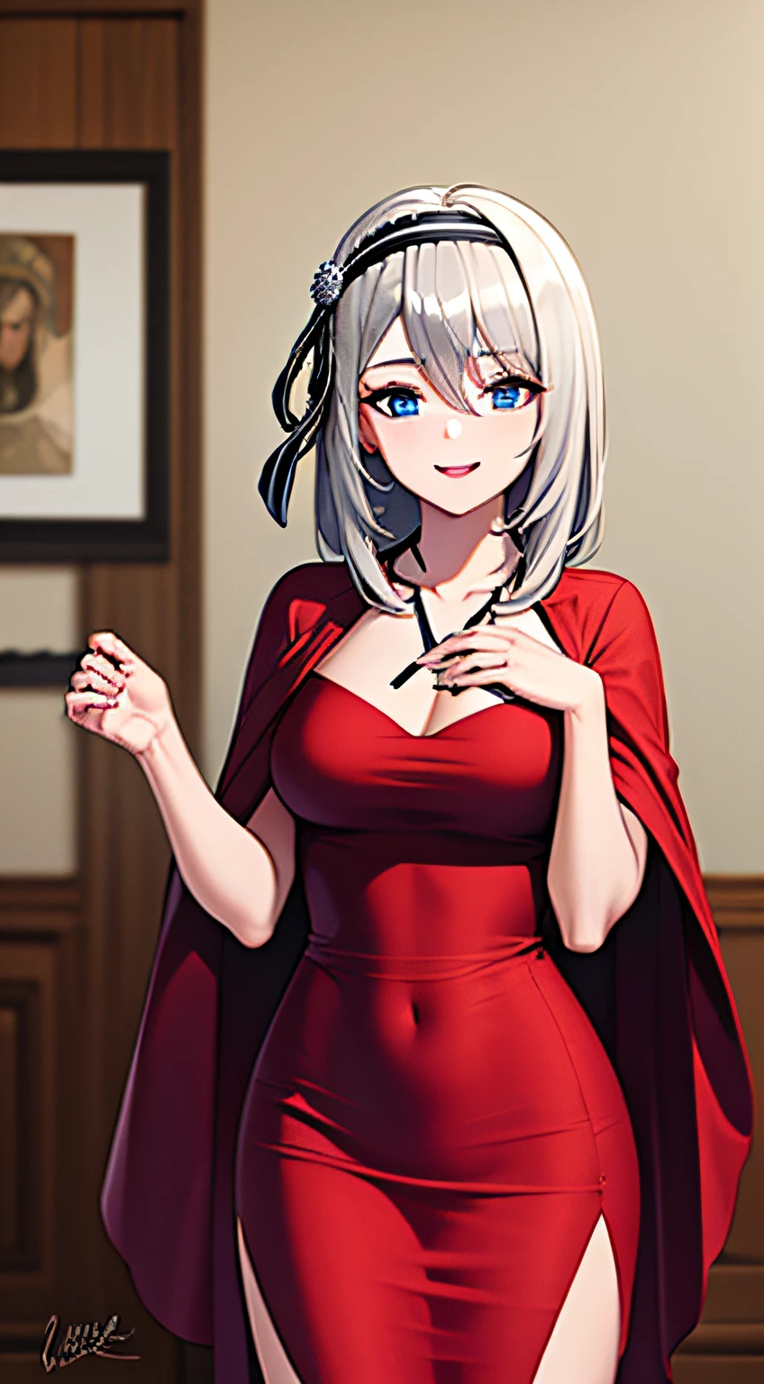 ((masterpiece)), ((best quality)), highres, kei1, 1girl, (15-year-old teenage girl), solo, blue eyes, long hair, ((wears a long red Venezuelan gala dress)) , (ribbon), (bangs), collarbone, (gray hair), black hair band, neck ribbon, hair between eyes, medium breasts, cowboy shot, smile, (anatomically correct full body), this inside a Venezuelan house,  Detailed full eScenario