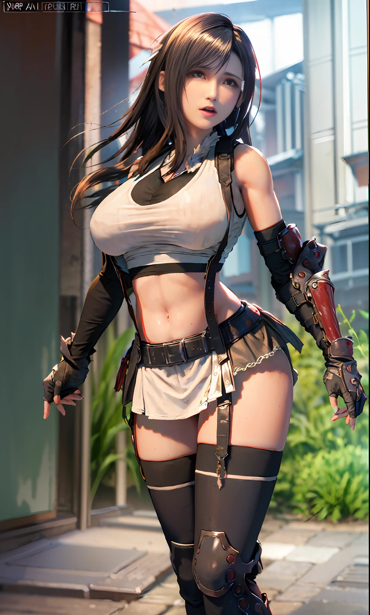 Unreal Engine 5 Realistic Render, (masterpiece, best quality), intricate details, ((Best quality)), ((masterpiece)), ((realistic)), (hyperrealism:1.2), (fractal art:1.2),
1girl, tifa lockhart original costume, white crop top, arm guards, fingerless gloves, suspenders, pleated miniskirt, black thighhighs, red boots
extreme detailed eyes, colorful, highest detailed,
vibrant colors, high contrast,
(8K UHD:1.2), (photorealistic:1.2), beautiful face, top body is hyperrealistic thicc muscle and hyper largest_breasts!! with the type of boobs_melons, lower is huge buttocks, wet shiny body
