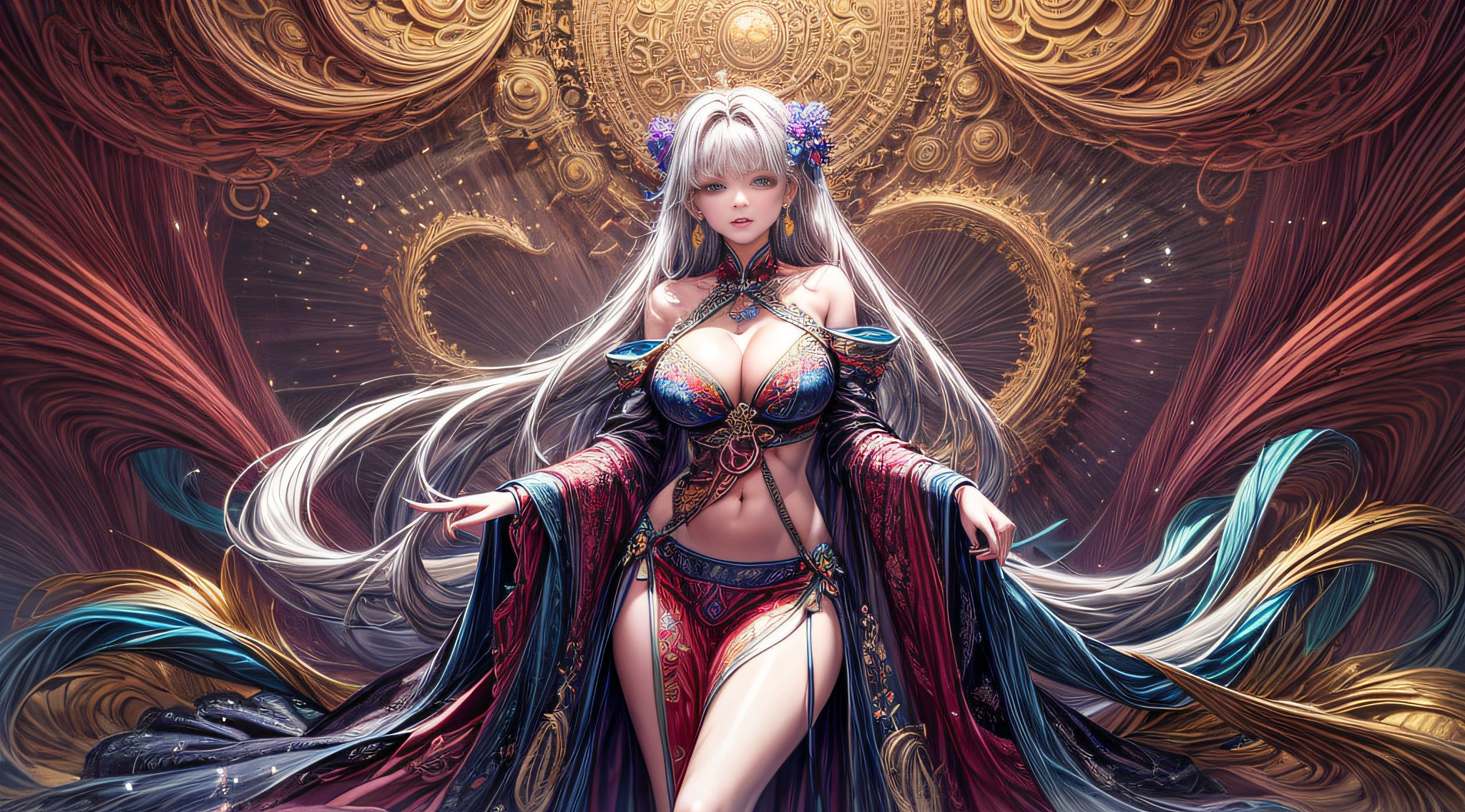 (masterpiece, top quality, best quality, official art, beautiful and aesthetic:1.2), (1girl:1.3), extremely detailed,(fractal art:1.1),(colorful:1.1)(flowers:1.3),highest detailed,(zentangle:1.2), (dynamic pose), (abstract background:1.3), (chinese Traditional cloth:1.2), (shiny skin), (many colors:1.4), ,(earrings:1.4), (half body:1.5), (dragon and phoenix:0.5), beautiful eyes, bare shoulders, gigantic cleavage breasts, A beautiful woman with perfect body: 1.4, Slim abdomen: 1.2,