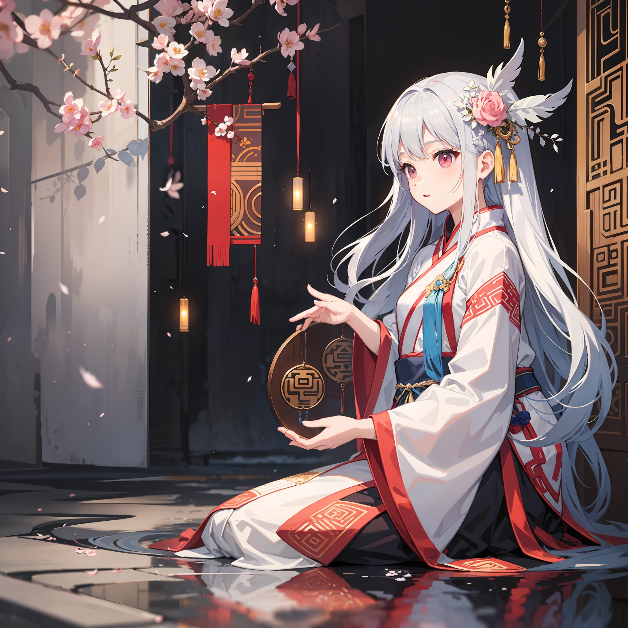 Two-dimensional, ancient style, girl, alone, in the winter courtyard, wearing a feather coat playing a guzheng, silver-white long hair, pink Hanfu, the scene with some flowers on the other side, full body portrait, exquisite face, best quality, masterpiece, 8K wallpaper, light and shadow rendering