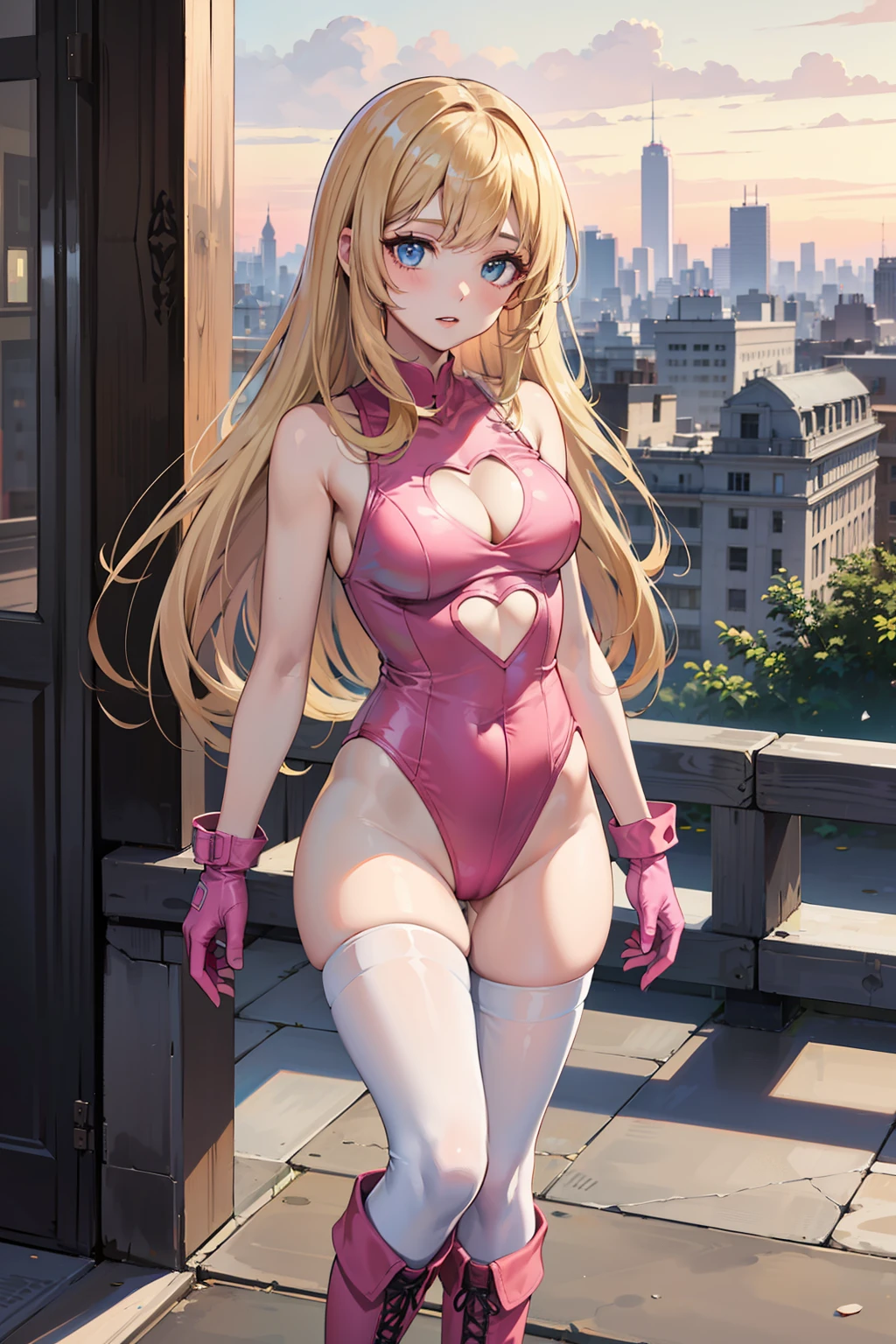 ((masterpiece)), ((best quality)), ((highres)), 1girl, solo, superhero, bare legs, ((matching pink knee boots, matching gloves)), sleeveless, looking at viewer, city backdrop, perfect hands, perfect eyes, perfect legs, perfect arms, perfect fingers, medium breasts, ((pink leotard)), standing, blonde hair, long hair, blue eyes, cute face, hair down, bangs, (cleavage cutout, heart cutout), (white thigh high pantyhose)