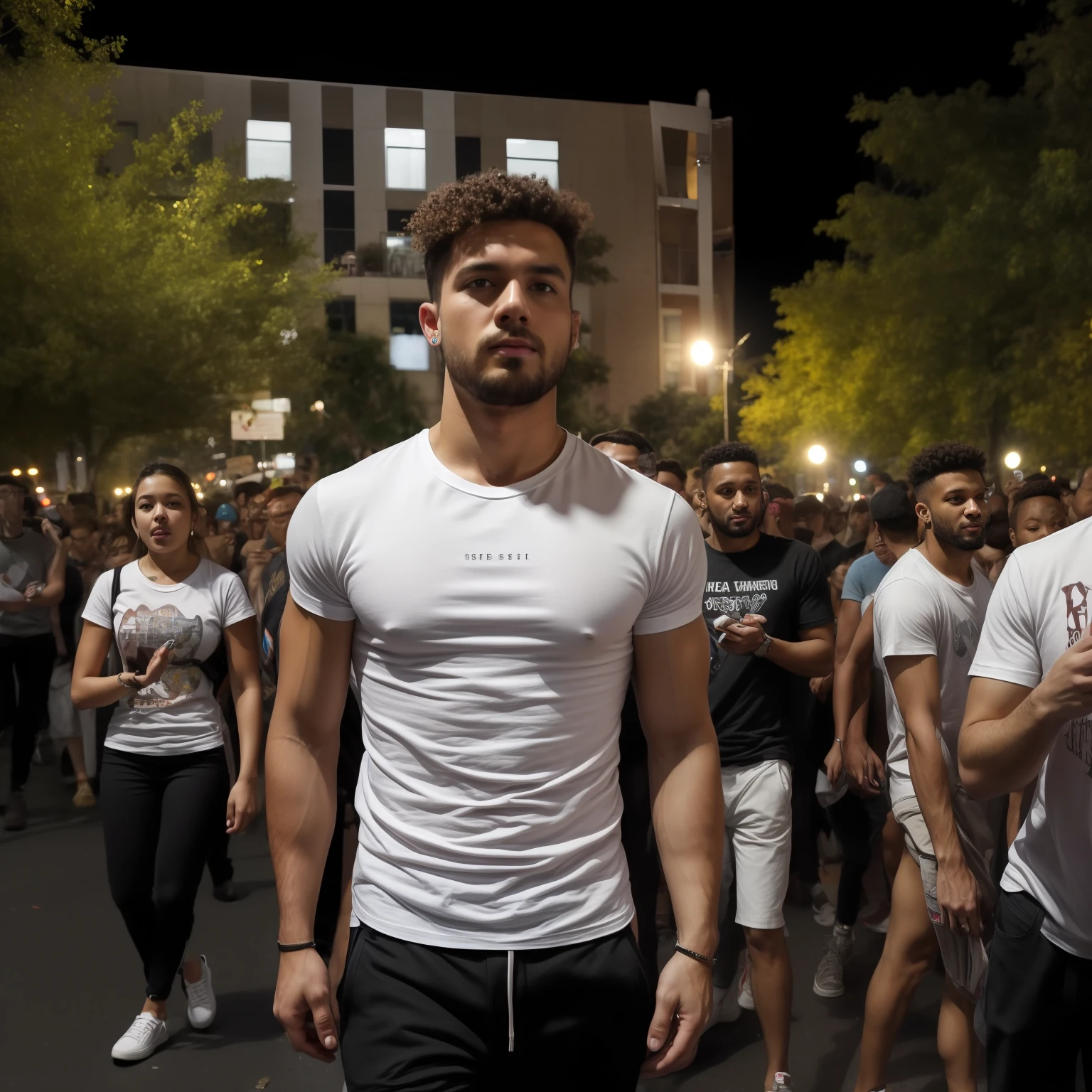 masterpiece, best quality, nsfw, on the street, night, white T-shirt, black pants, front view, standing, in crowd,