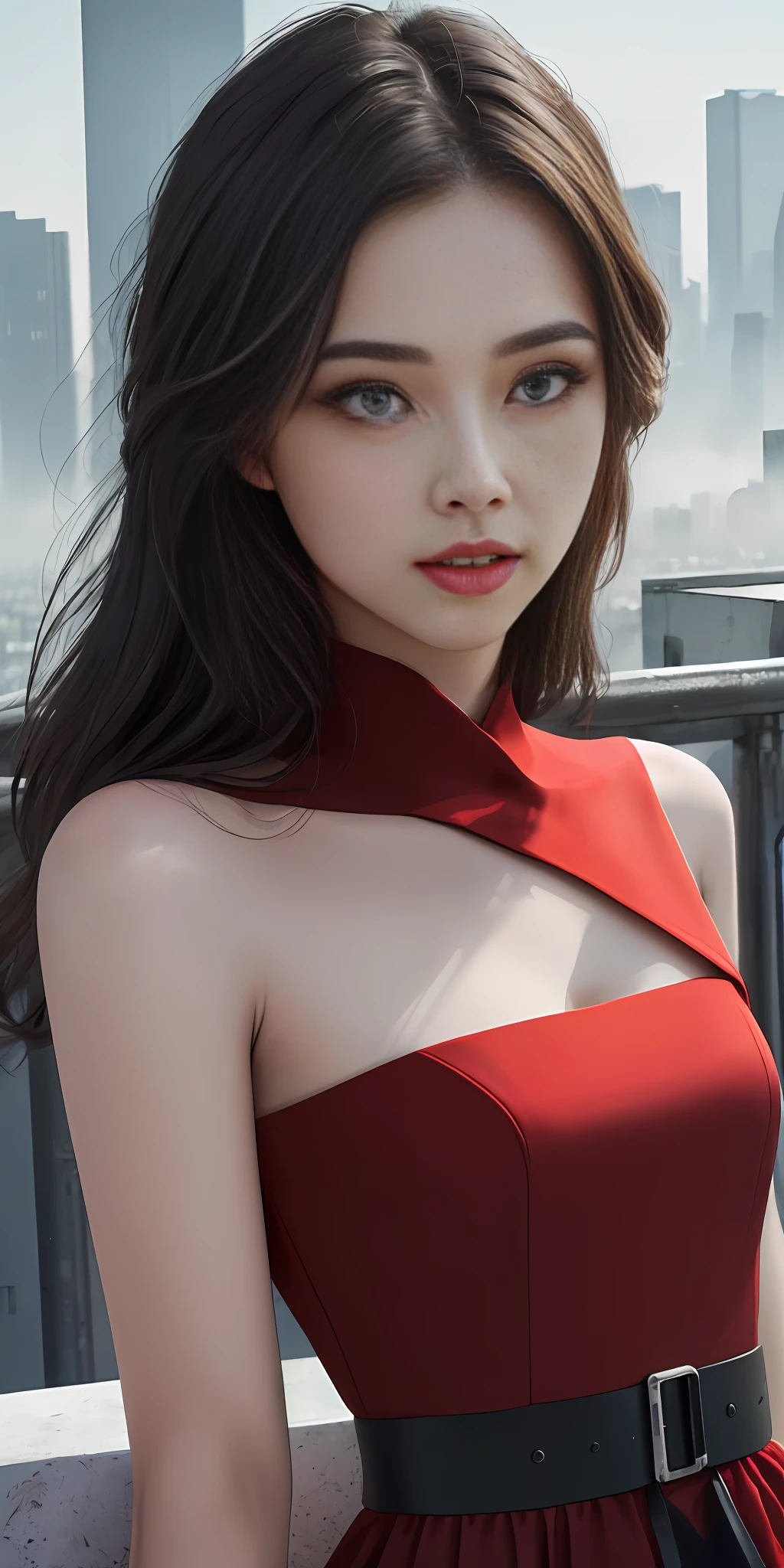 (1girl:1.3), Solo, (((Very detailed face)))), ((Very detailed eyes and face)))), Beautiful detail eyes, Body parts__, Official art, 8k unified wallpaper, Super detailed, beautiful and beautiful, beautiful, masterpiece, best quality, original, masterpiece, super thin photo, best quality, super high resolution, realistic realism, sunlight, full body portrait, amazing beauty, dynamic pose, delicate face,  vibrant eyes, (from the front), She wears red dress glued to the body, red and black color scheme, very detailed city roof background, roof, with city view, detailed face, detailed complex busy background, messy, gorgeous, milky white, highly detailed skin, realistic skin details, visible pores, clear focus, volumetric mist, 8k uhd, DSLR,  high quality, film grain, light skin, photographic realism, lomography, futuristic dystopian megalopolis, translucent