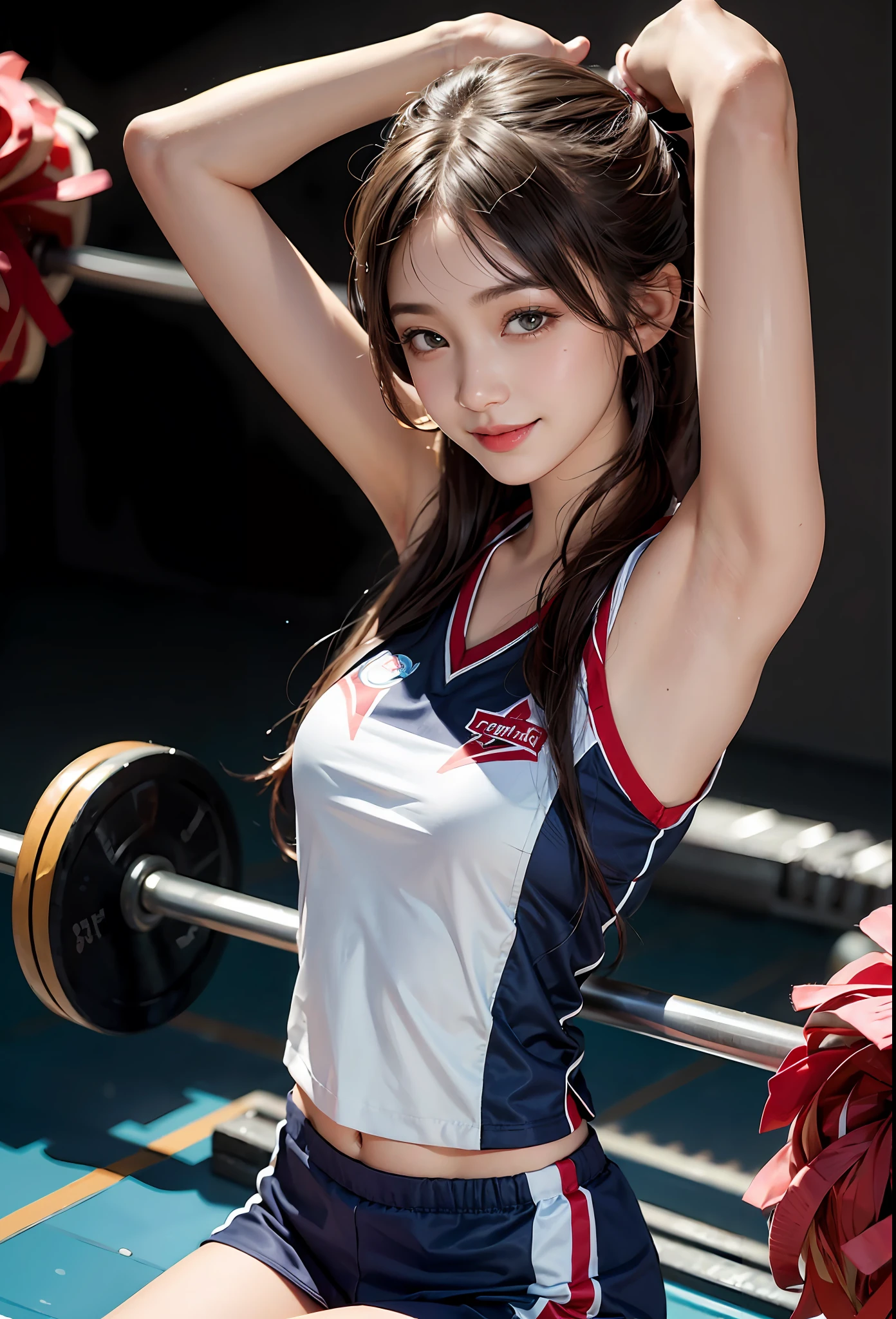 1girl, flowing long ponytail, cheerleading uniform, gym, long hair, looking at the camera, smiling, armpits,