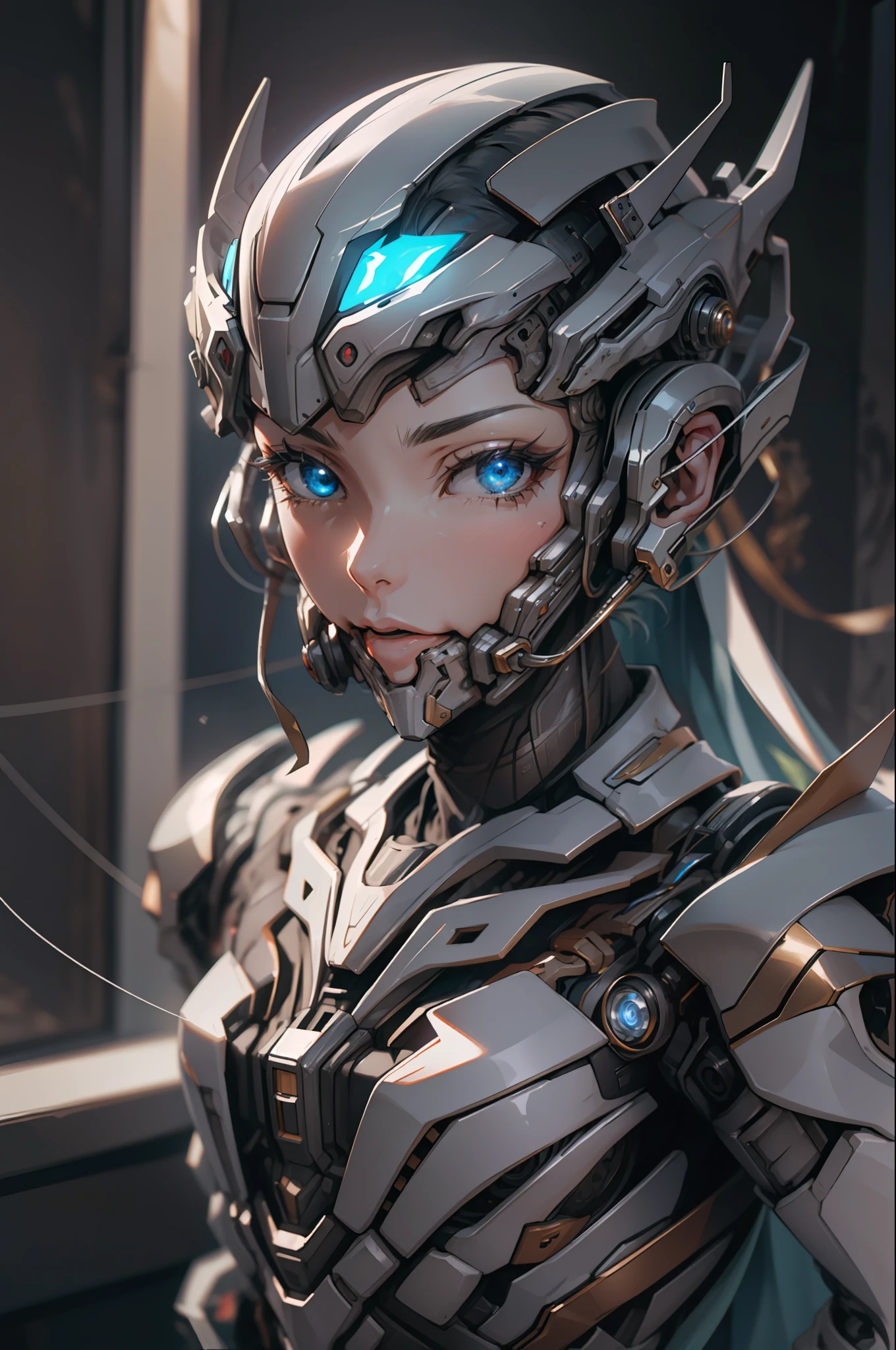solo,1girl,PerfectNwsjMajic,true-to-life visuals,artistically refined,captivating beauty, dramatic contrasts, atmospheric depth,intimate moments, enduring allure, authentic portrayal,lifelike accuracy, evocative mood, emotional depth, striking symbolism, small breasts, 1girls,solo,(looking at viewer),(full body:1.4), (Glowing ambiance, enchanting radiance, ethereal atmosphere, mesmerizing glow, evocative hues, captivating coloration, dramatic lighting, enchanting aura:1),armor robot,(highly details:1.5),unreal engine,3d render,film photograhpy, complex 3d render ultra detailed of a beautiful porcelain profile woman android face, (cyborg:1.3), robotic parts, 150 mm, beautiful studio soft light, (rim light:0.63), vibrant details, luxurious cyberpunk, lace, hyperrealistic, anatomical, facial muscles, cable electric wires, microchip, elegant, beautiful background, octane render, H. R. Giger style, 8k, best quality, masterpiece, illustration, an extremely delicate and beautiful, extremely detailed ,CG ,unity ,wallpaper, (realistic, photo-realistic:1.37),Amazing, finely detail, masterpiece,best quality,official art, extremely detailed CG unity 8k wallpaper, absurdres, incredibly absurdres, robot, silver helmet,
 gadaxintai,ban,quan