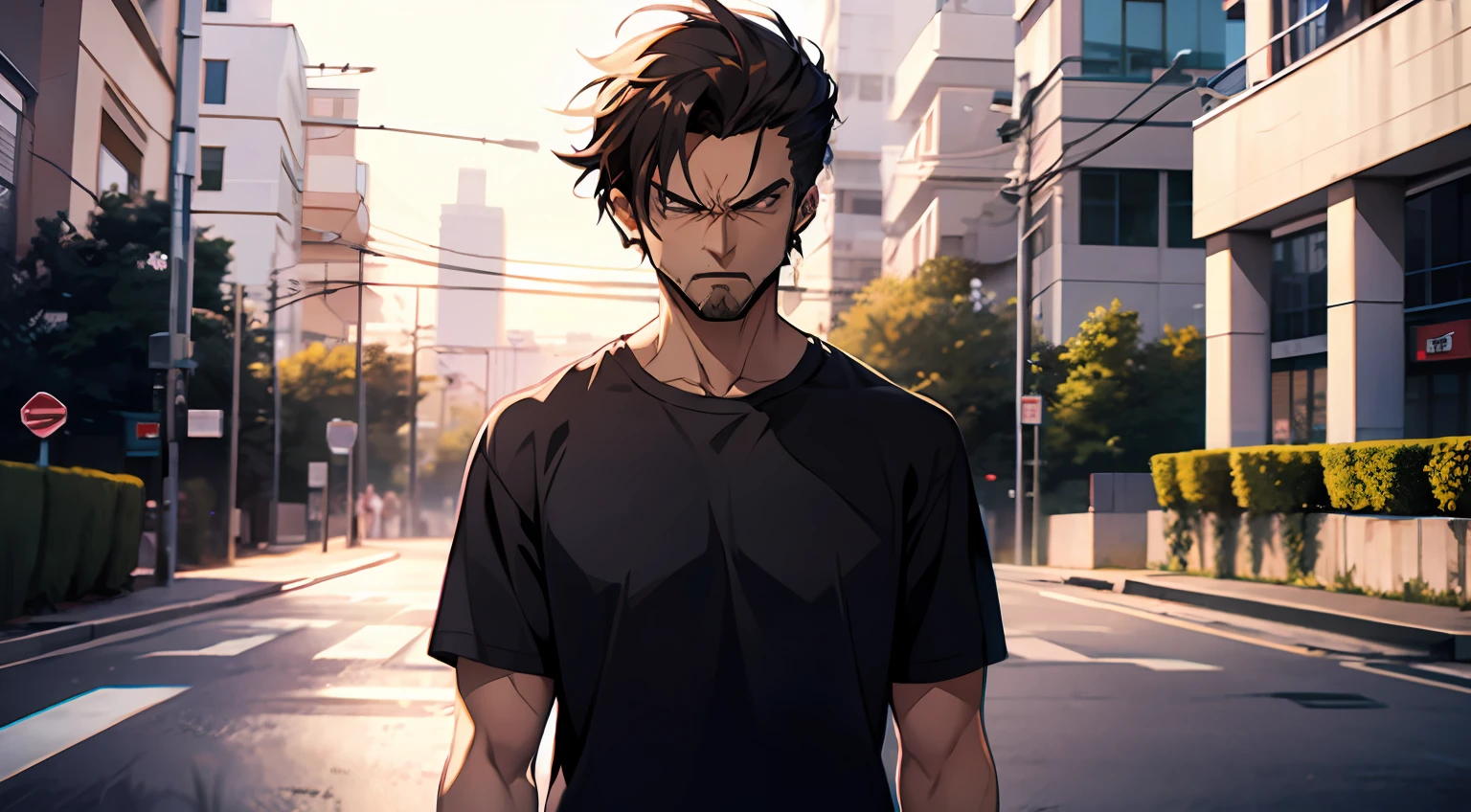 Masterpiece, best quality, a man, black casual clothes, angry expression, roadside