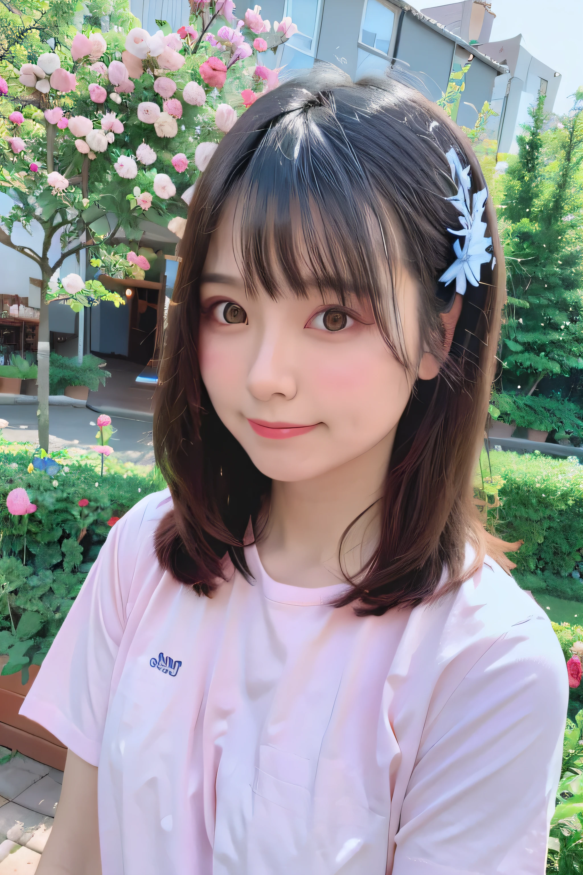 Top Quality, 8K, Best Quality, Ultra High Resolution, (Realism: 1.6), Blushing, Cute, (Detailed Face), Light Smile, Looking at the Audience, Upper Body, Summer Short Sleeves, Sunny Day, River, (Peony Flower), Blue Sky, Surreal