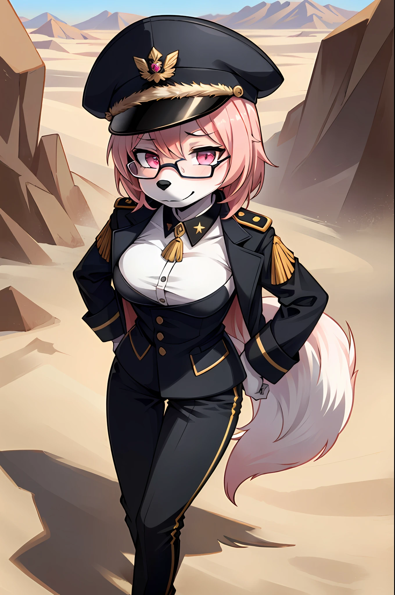 (masterpiece, best quality)), (Anthro Furry:1.3, muzzle:1.2, Anthro:1.3, furry:1.2, closeup:1.2, female solo:1.2, (wearing Russian military coat), standing, sexy body position, military pants, wearing glasses, Fox spiraled in the colors of Funtime Foxy,five nights at freddy,white skin pink details, pink eyes, pink hair, , sexy position, desert environment place, Russian general military hat, Spiral art style in furry Vixens