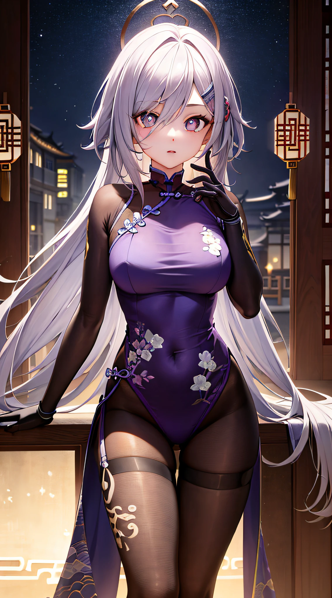 masterpiece, anatomically correct, super detail, high quality, highres, ccurate, 8k, 1 girl, purple pupils, ((ancient China)), translucent skin, (translucent light purple with black tights), mechanical, cinematic HD lens, cosmos, delicate facial features