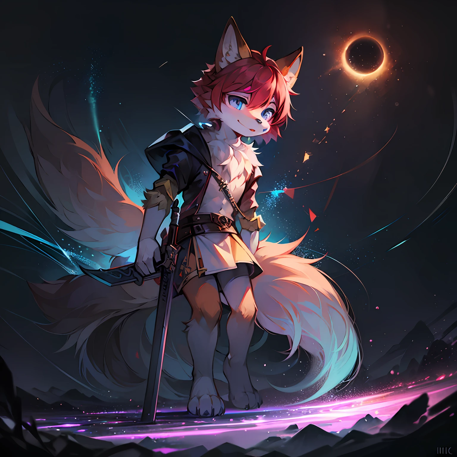 Bright environment, high quality, fine details, absurd resolution, digtial painting\ (artwork of a\), solo, (fox, fluffy fur, character focus: 1.0), short hair, male, bright eyes, panorama, furry, (full body fur, furry tail, golden fur, blue-purple eyes, dark red hair: 1.0), (long canine: 1.0), sword in both hands, (long sword, abstract, psychedelic, Magic Effects: 1.0), Outdoor (Facial Detail, Ear Detail, Foot Detail, Hand Detail: 1.0), (Surrounded by the Nothingness of a Black Hole.) Meticulous attention to stunning details for an immersive and realistic visual experience, cosmos, chaos, ethereal, nihilistic, mysterious, complex environments: 1.0), environmental details