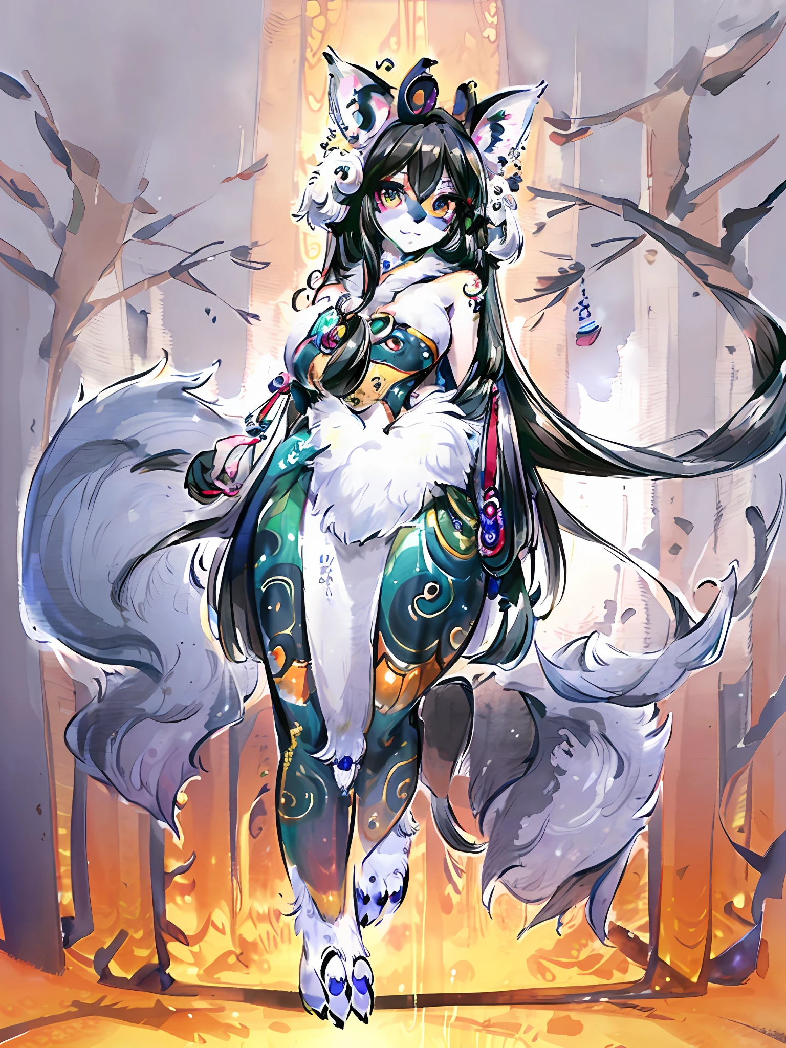 top quality, High-quality illustrations, masterpiece, shuimobysim, badashanren:0.5, Shukezouma:0.5(highly detailed beautiful face and eyes)absurdres, perfect anatomy(1girl, kemono, solo focus)(furry)(furry anthro:1.7)(Furry body, dog facial features, dog body features)(very detailed body fur)full body, dynamic pose,