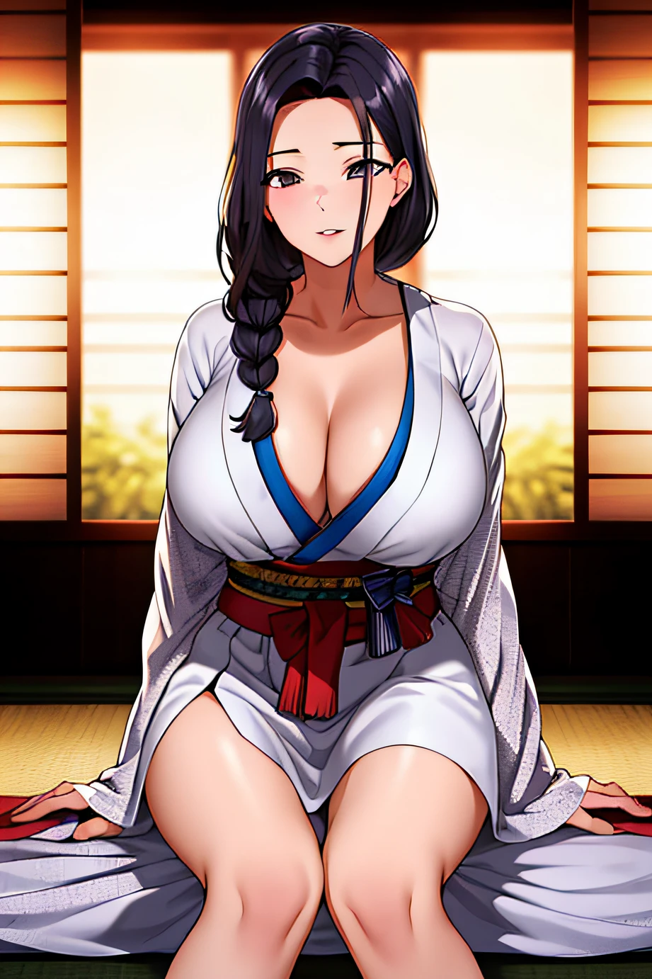 sitting on a chair, cross-legged, black kimono, black_hair, long_hair, hair_pulled_back parted_lips purple_eyes, braid,
1 girl, 24 years old, mature woman, beautiful finger, beautiful long legs, beautiful body, beautiful nose, beautiful character design, perfect eyes, perfect face,
looking at the viewer, in the center of the image,
NSFW, official art, extremely detailed CG unity 8k wallpaper, perfect lighting, colorful, Bright_Front_face_Lighting,
(masterpiece:1.0),(best_quality:1.0), ultra high resolution,4K,ultra-detailed,
photography, 8K, HDR, high resolution, absurd: 1.2, Kodak portra 400, film grain, blurred background, bokeh:1.2, lens flare, (vibrant_color:1.2)
(Beautiful,large_Breasts:1.4), (beautiful_face:1.5),(narrow_waist),