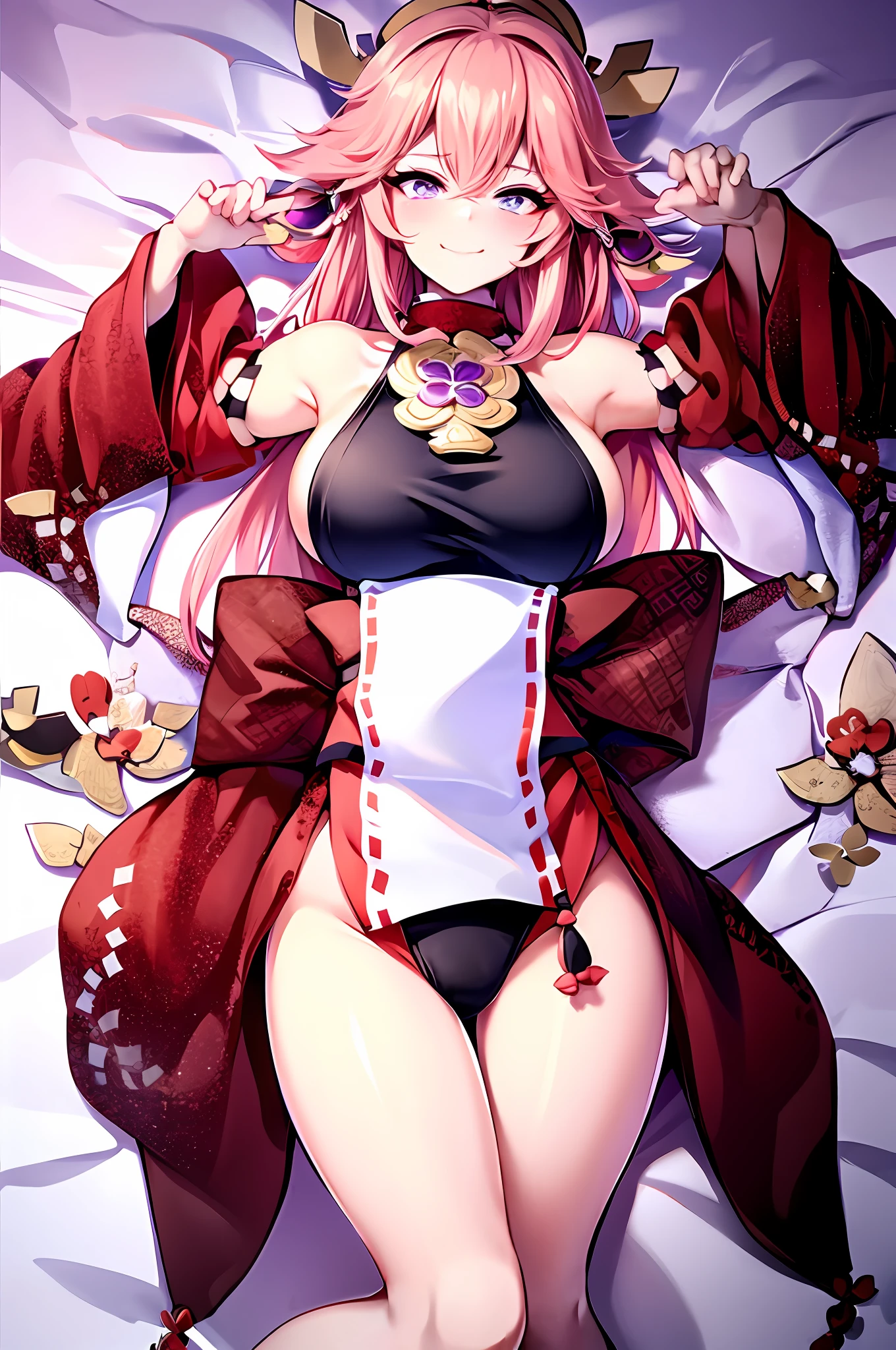 Bikini pink-haired woman lying in bed, girl cosplay, anime cosplay, cosplay, Ayaka cosplay, saki michan, pop in CGSTATION, royal sister, onmyoji, Ayaka game Genshin impact, cosplayer dressed up as crab, guweiz, popular on cgstation, Shikamimi, seductive girl, huge breasts, split thighs