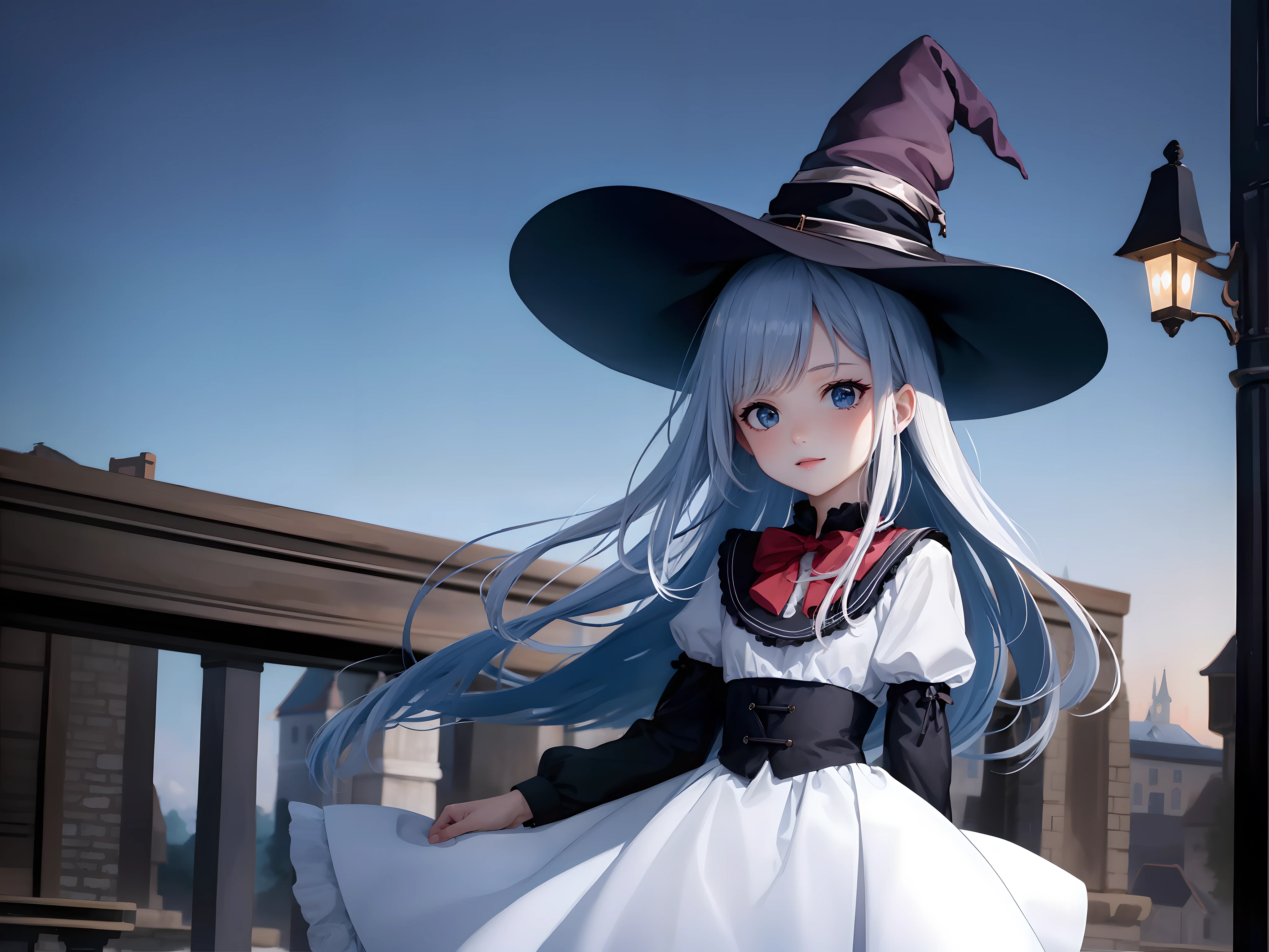 Masterpiece, best quality, 1 girl, witch hat, castle, outdoor,