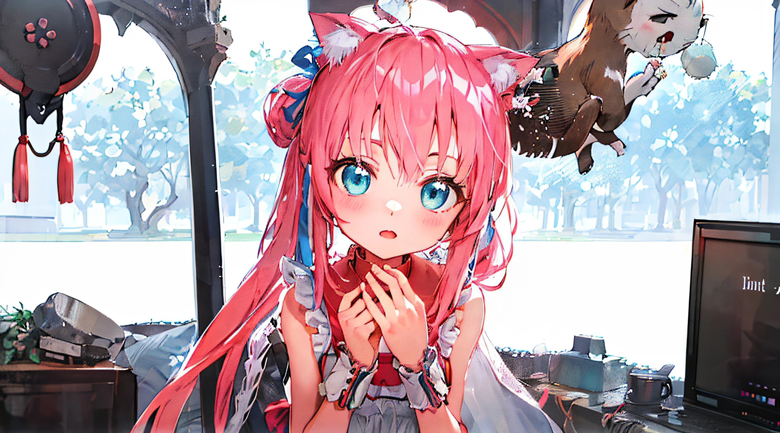 anime girl with pink hair and blue eyes in a room, pink twintail hair and cyan eyes, anime style. 8k, digital art on pixiv, beautiful anime catgirl, very beautiful anime cat girl, pixiv, anime girl with cat ears, anime style 4 k, pixiv style, pixiv contest winner, pixiv 3dcg