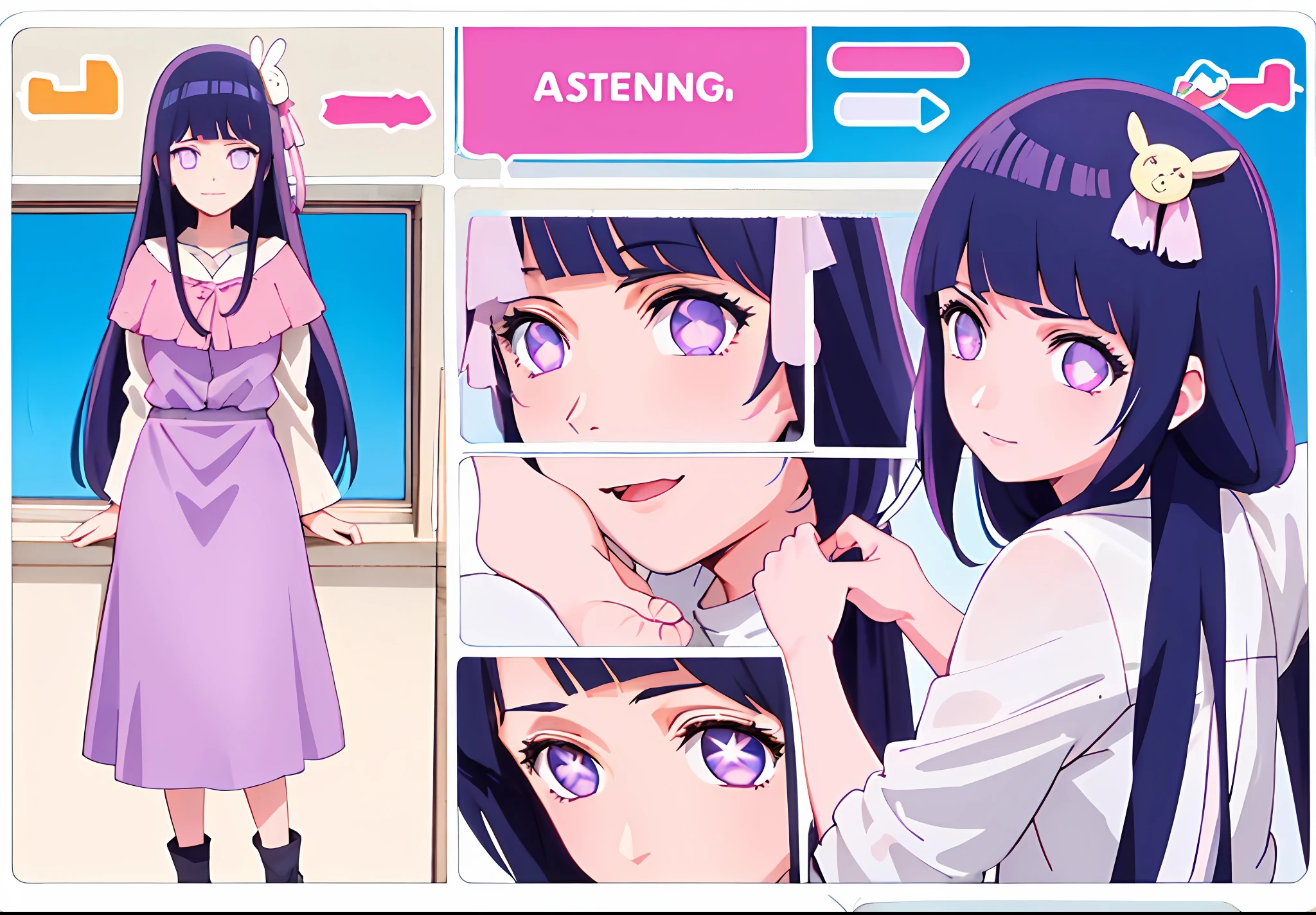 1girl, Hoshino Ai, long hair, dark blue hair ,purple eyes, hair ornament, blunt bangs, hinata hyuga as hoshino ai