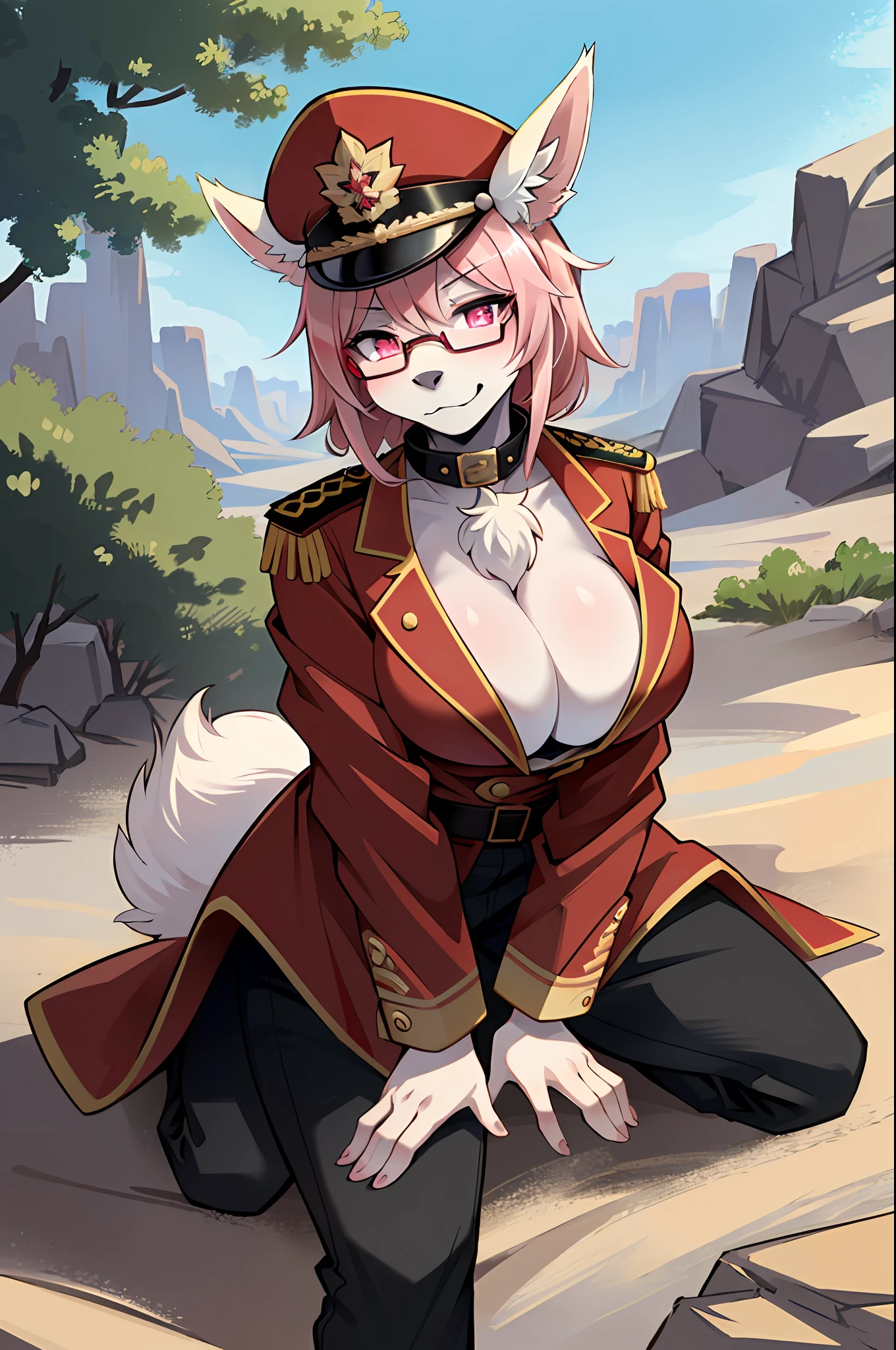 (masterpiece, best quality)), (Anthro Furry:1.3, muzzle:1.2, Anthro:1.3, furry:1.2, closeup:1.2, female solo:1.2, (wearing Russian military coat), standing, sexy body position, military pants, wearing glasses, Fox spiraled in the colors of Funtime Foxy,five nights at freddy,white skin pink details, pink eyes, pink hair, , sexy position, desert environment place, Russian general military hat, Spiral art style in furry Vixens