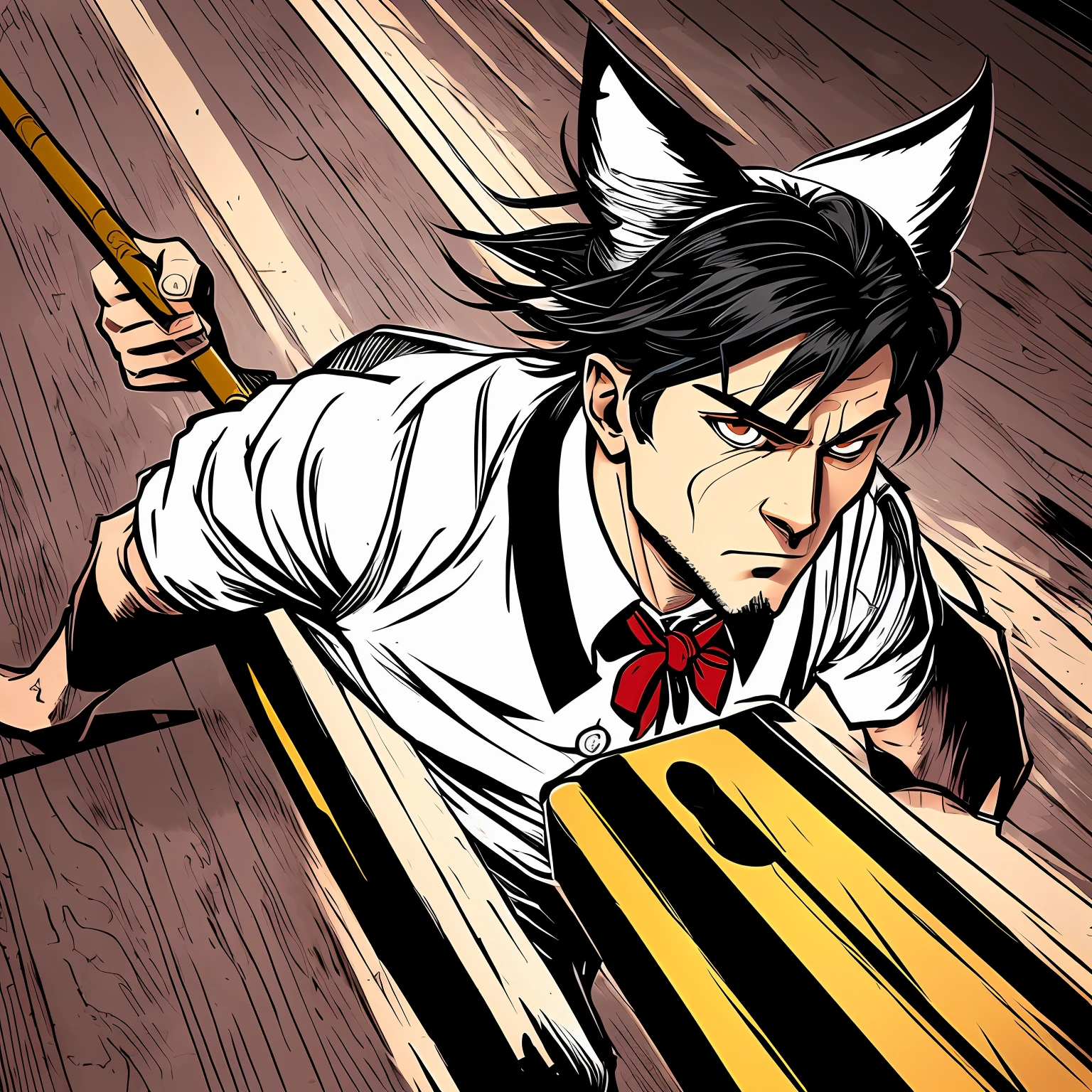 Draw an illustration of the Husk of Hazbin Hotel in a combat pose. He is an adult and is wearing his typical white shirt with red bow tie and his black and white striped vest. His yellow colored iris eyes are focused and determined, and his short black hair pulled back is slightly messy, he has a beard similar to that of the wolverine. He holds a pool cue in one hand and is about to land a blow. Around it, put some pool balls scattered on the floor and a pool table at the bottom." Place 1 white lock on each side of his head.