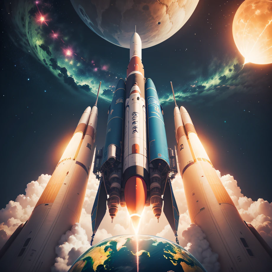 Background: To start, fill the entire canvas with black or dark blue as the background of the painting. You can use drawing software or image editing tools to accomplish this step.
Rocket: Draw a rocket at the bottom of the canvas. You can choose modern and futurist design styles to add a sense of technology to the rocket. Use details and lines to accentuate its shape, and bright colors to highlight the rocket's engine.
Earth: Draws a globe above the canvas. You can choose to draw the hemisphere of the earth, or the globe according to your preference. Blue and green are used to depict land and sea.
Details and effects: To add a sense of technology to the painting, you can add some light effects around the rocket to make it look like it's taking off or going into space. You can also add some star, planet, or cosmic background elements to enhance the atmosphere of space. --auto